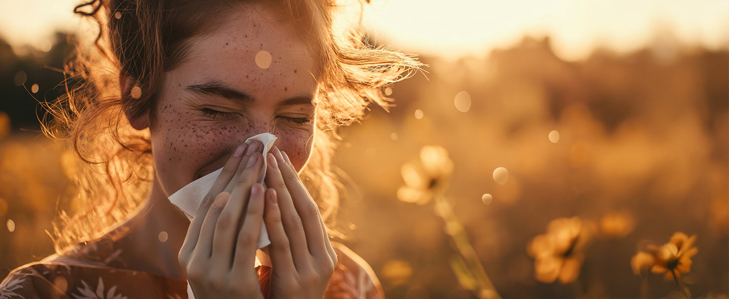 Eine junge Person mit Sommersprossen niest in ein Taschentuch, während sie in einem sonnenbeschienenen Feld mit gelben Blumen steht, was auf Allergien hindeutet, mit goldenem Licht und Weichzeichner im Hintergrund.