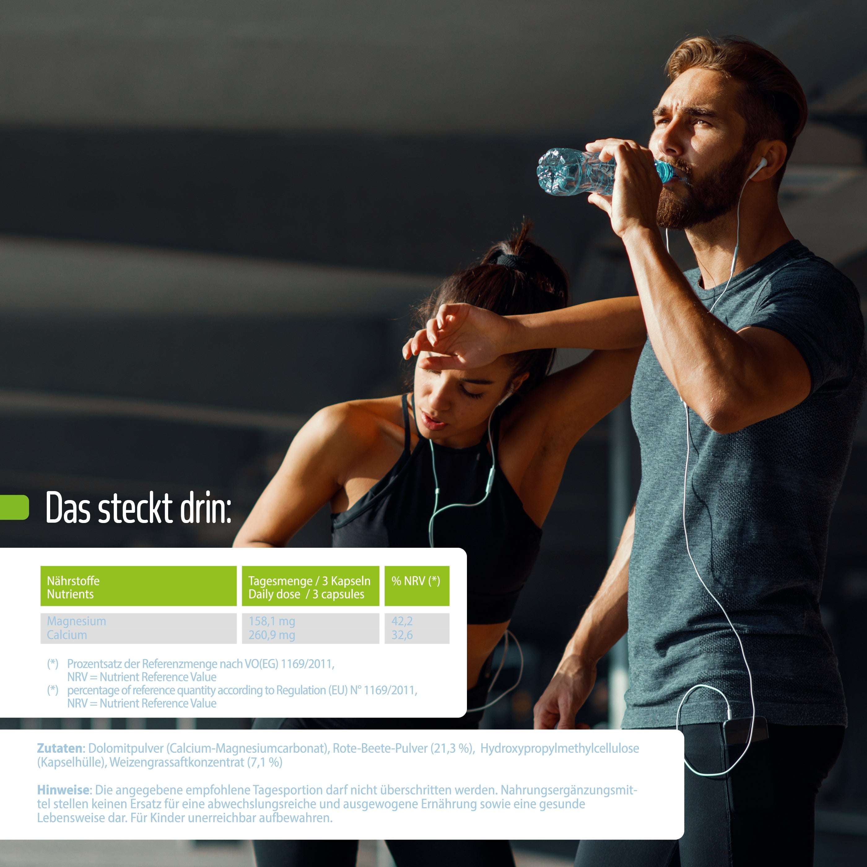 Ein fitter Mann und eine fitte Frau in Sportkleidung hören Musik. Der Mann trinkt Wasser mit Dolomitpulver, während die Frau sich die Stirn wischt. Nährwertangaben zu Fitne Basen Kapseln finden Sie in einem Textfeld auf dem Bild.