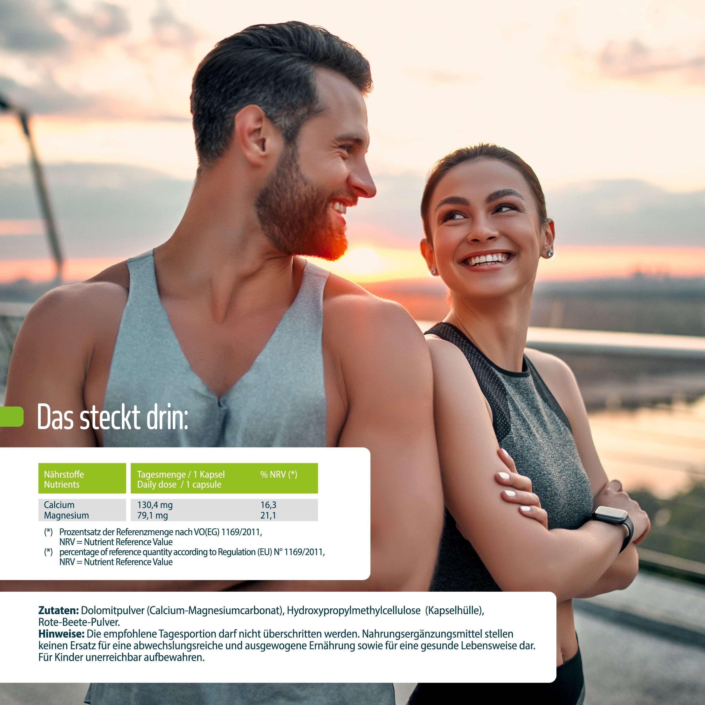 Ein lächelnder Mann und eine lächelnde Frau in Sportkleidung stehen bei Sonnenaufgang im Freien und sehen glücklich und fit aus. In der Nährwerttabelle unten werden Muskeln und Knochen, Calcium Magnesium und FITNE Health Care Calcium Plus Kapseln hervorgehoben.