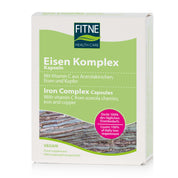 Eine Packung fitne Eisen Komplex Kapseln mit Bio-Eisen und Vitamin C aus Acerola sowie Kupfer für optimale Aufnahme. Die vegane Formel deckt 100 % deines täglichen Eisenbedarfs.