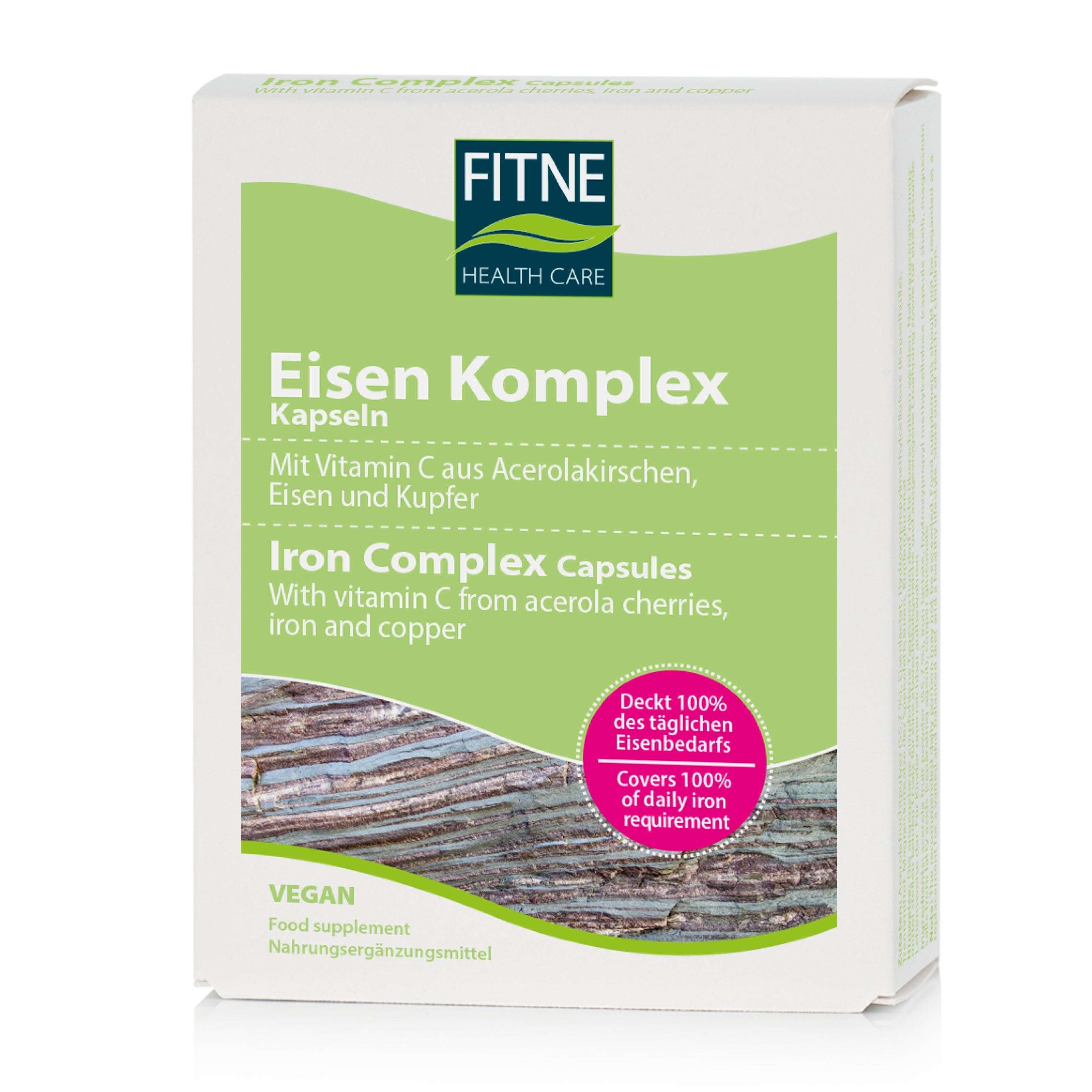 Eine Packung fitne Eisen Komplex Kapseln mit Bio-Eisen und Vitamin C aus Acerola sowie Kupfer für optimale Aufnahme. Die vegane Formel deckt 100 % deines täglichen Eisenbedarfs.