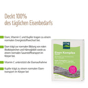 Produktbild der fitne Eisen Komplex Kapseln mit Hervorhebung von 100 % des täglichen Eisenbedarfs sowie organisch gebundenem Eisen, Vitamin C und Kupfer zur Unterstützung von Energie, Blutbildung und normalem Sauerstofftransport.