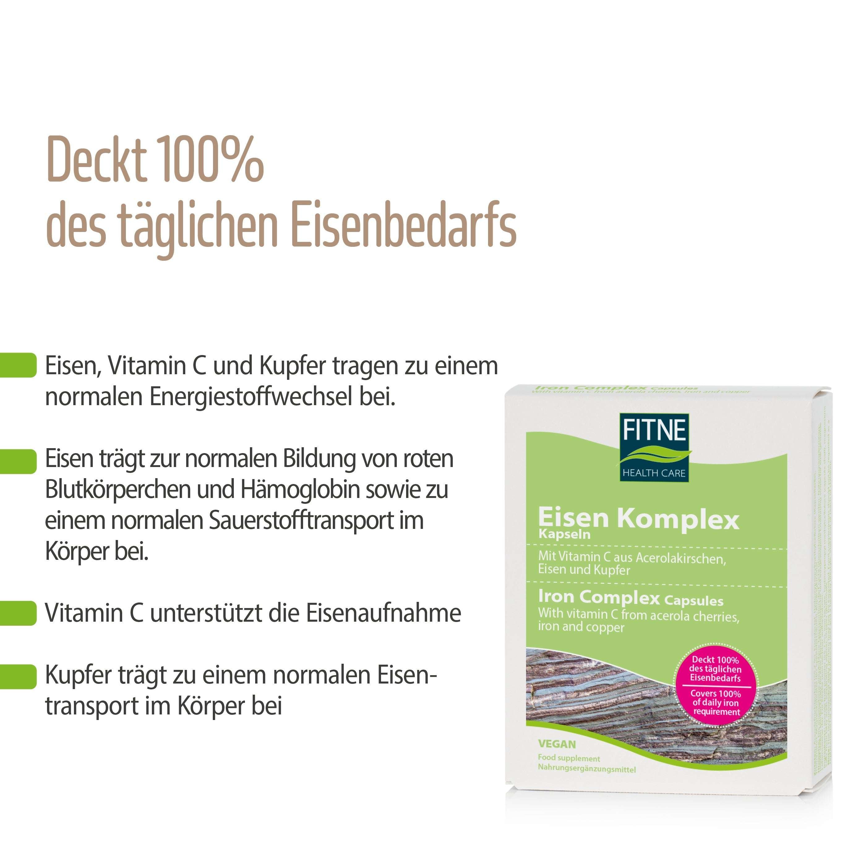 Produktbild der fitne Eisen Komplex Kapseln mit Hervorhebung von 100 % des täglichen Eisenbedarfs sowie organisch gebundenem Eisen, Vitamin C und Kupfer zur Unterstützung von Energie, Blutbildung und normalem Sauerstofftransport.
