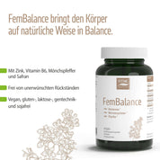 Eine Flasche des Nahrungsergänzungsmittels fitne FemBalance ist neben einer Blumenillustration mit deutschem Text zu sehen, der die natürliche Unterstützung des Hormonhaushalts, die Mikronährstoffe und die veganen, glutenfreien, laktosefreien und sojafreien Eigenschaften hervorhebt.