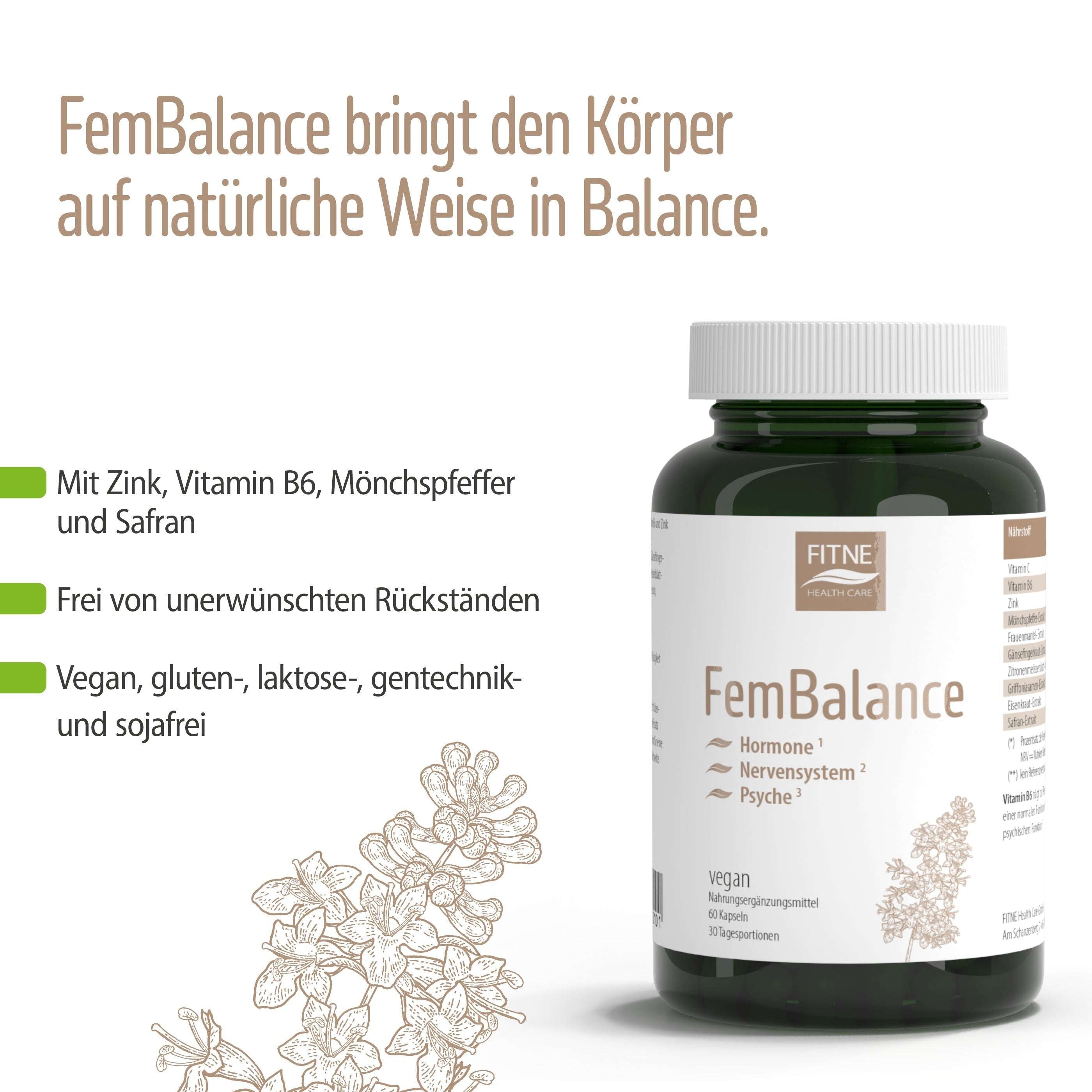 Eine Flasche des Nahrungsergänzungsmittels fitne FemBalance ist neben einer Blumenillustration mit deutschem Text zu sehen, der die natürliche Unterstützung des Hormonhaushalts, die Mikronährstoffe und die veganen, glutenfreien, laktosefreien und sojafreien Eigenschaften hervorhebt.