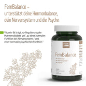 Eine Flasche Fitness-FemBalance ist mit einem deutschen Text abgebildet, der den Hormonhaushalt, das Nervensystem und die psychische Gesundheit hervorhebt. Eine botanische Illustration und ein Hinweis auf Vitamin B6 weisen auf die wertvollen Mikronährstoffe hin.