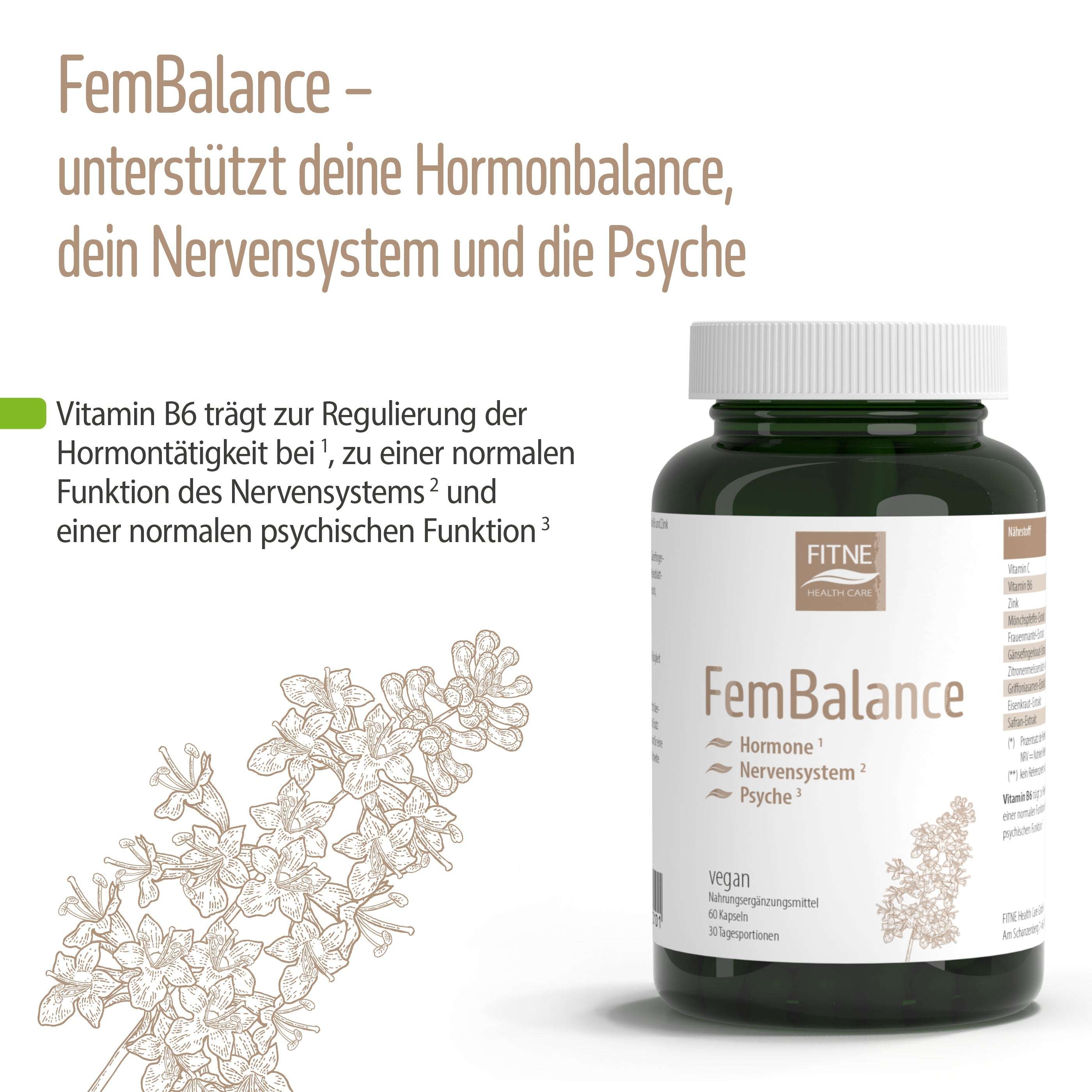 Eine Flasche Fitness-FemBalance ist mit einem deutschen Text abgebildet, der den Hormonhaushalt, das Nervensystem und die psychische Gesundheit hervorhebt. Eine botanische Illustration und ein Hinweis auf Vitamin B6 weisen auf die wertvollen Mikronährstoffe hin.