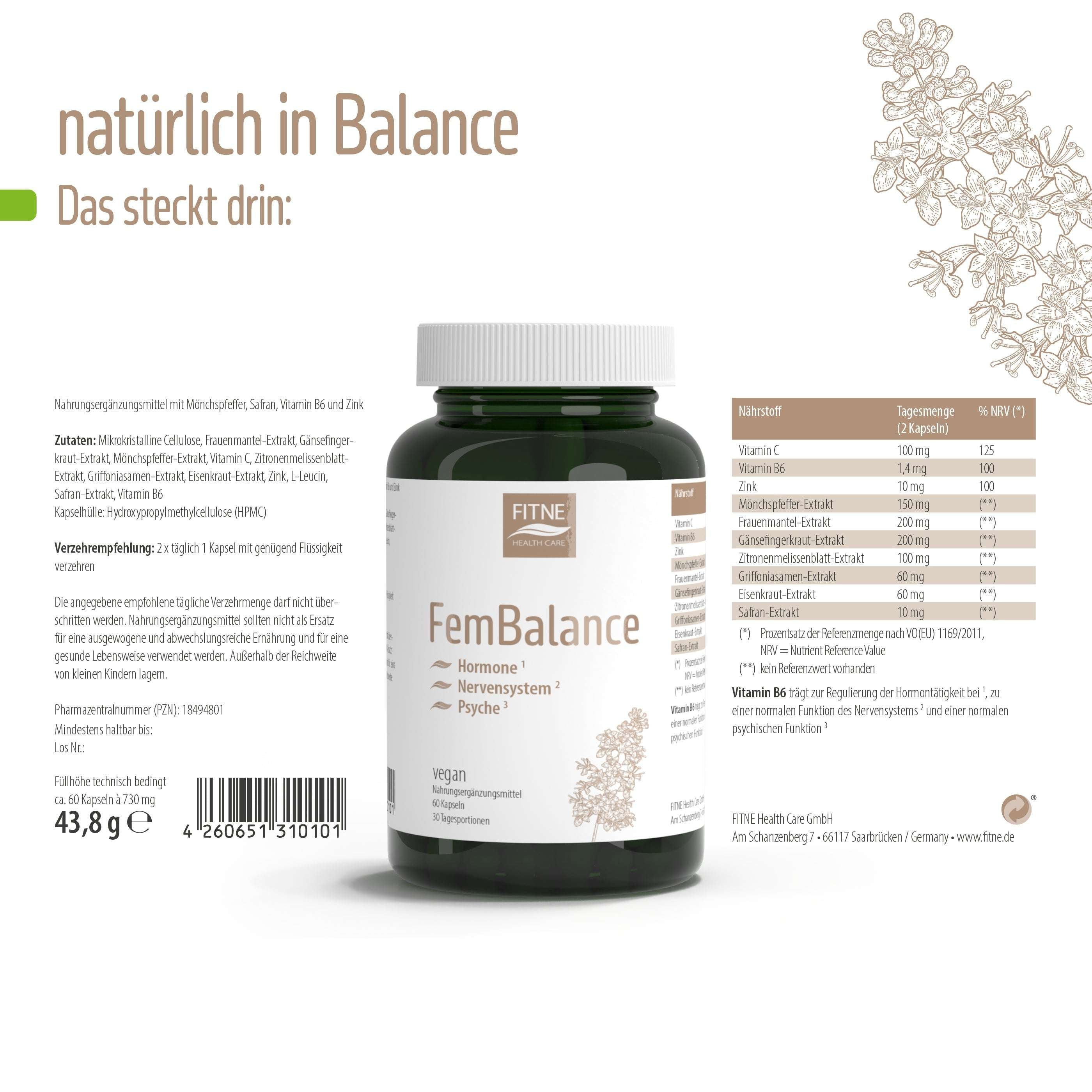 Ein grünes FemBalance-Glas von fitne steht auf weißem Hintergrund und zeigt deutsche Texte zu Mikronährstoffen und Ernährung. Botanische Illustrationen und hellbraune Überschriften betonen hormonelles Gleichgewicht und natürliche Wellness-Vorteile.