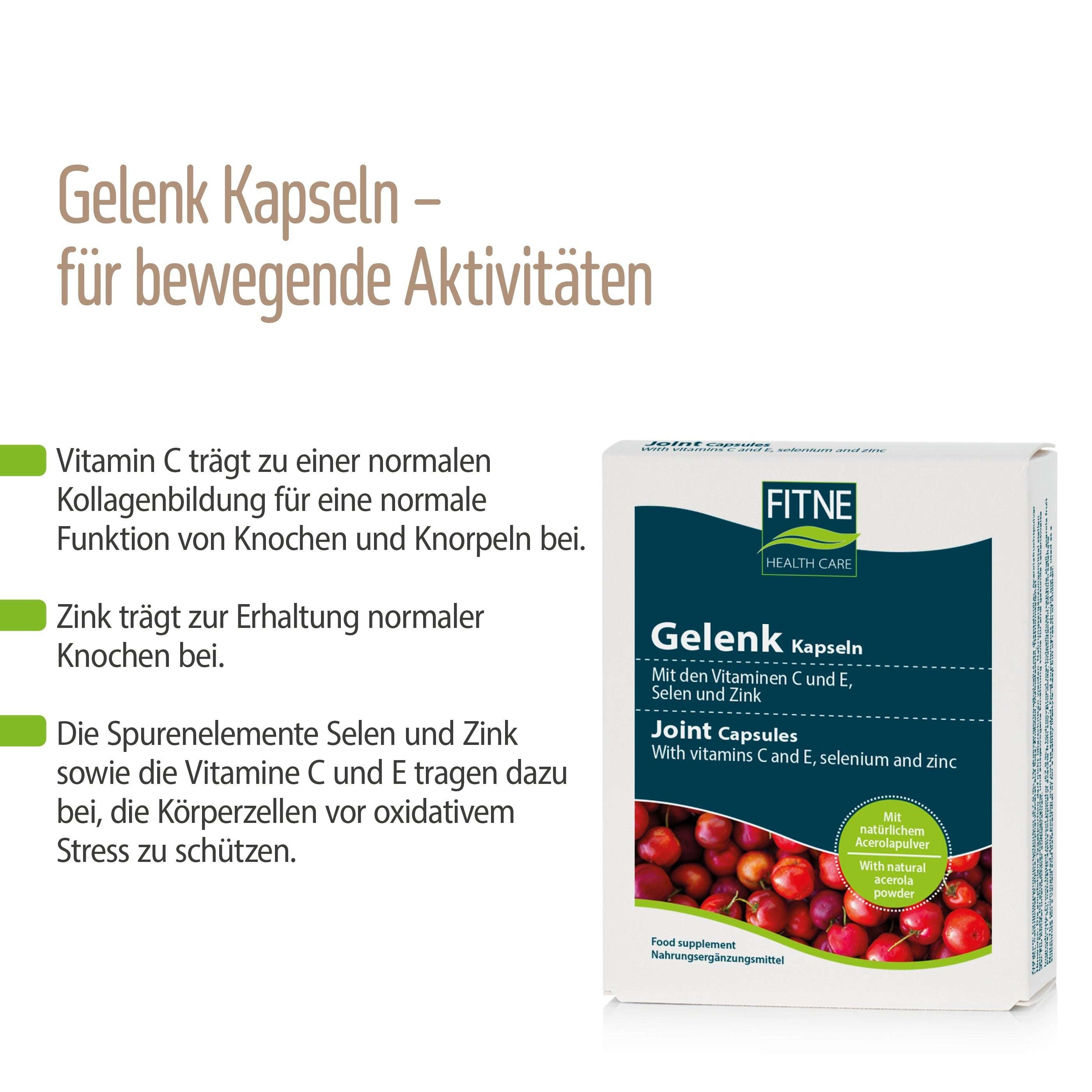 Abgebildet ist eine Schachtel FITNE Health Care Gelenk Kapseln mit einem Text, der die Vorteile fĂĽr die Beweglichkeit der Gelenke hervorhebt, mit Vitamin C, Zink, Selen, Vitamin E und GrĂĽnlippenmuschel-Extrakt auf weiĂźem Hintergrund mit orangefarbener und brauner Schrift.