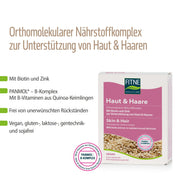 Abgebildet ist eine Packung des fitne Nährstoffkomplexes Haut & Haare mit Biotin, Zink, B-Vitaminen und Quinoa zur Unterstützung von Haut und Haar. Eigenschaften: vegan, glutenfrei, laktosefrei.