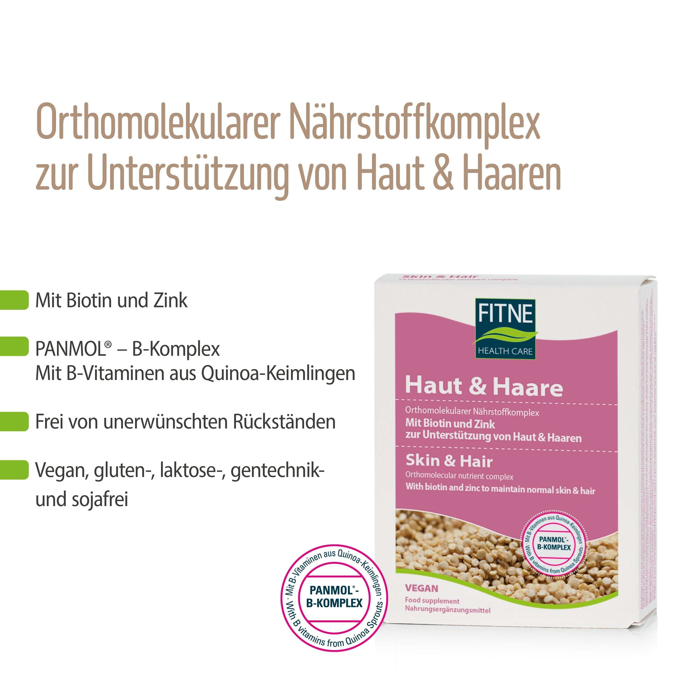 Abgebildet ist eine Packung des fitne Nährstoffkomplexes Haut & Haare mit Biotin, Zink, B-Vitaminen und Quinoa zur Unterstützung von Haut und Haar. Eigenschaften: vegan, glutenfrei, laktosefrei.