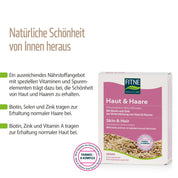 Die Packung „fitne Nährstoffkomplex Haut & Haare“ zeigt Biotin, Selen, Zink und weitere Mikronährstoffe für gesunde Haut und Haare. Grüne Häkchen verdeutlichen die wichtigsten Vorteile des Produkts.