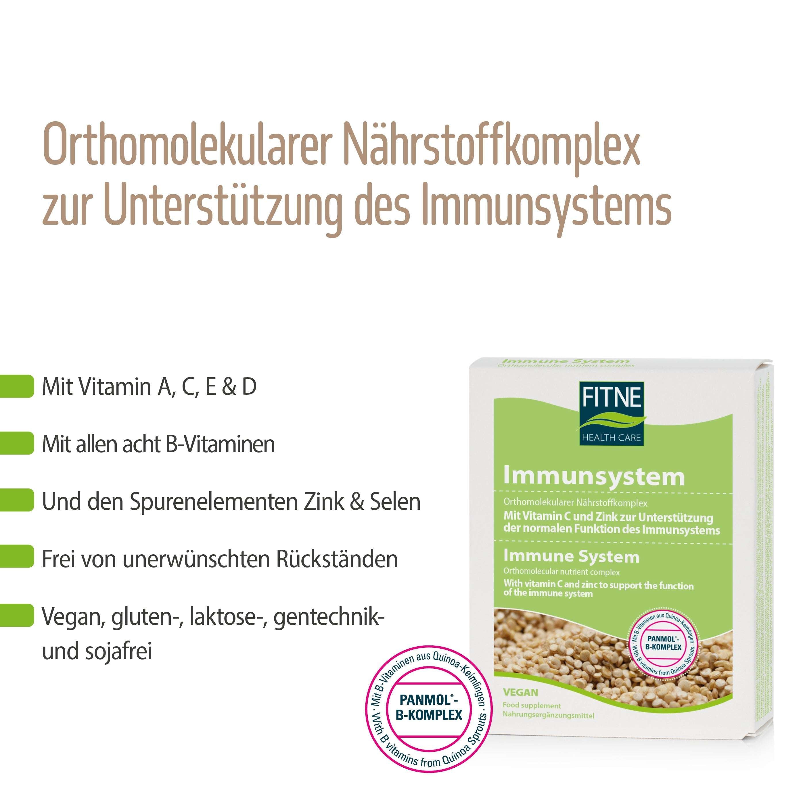 Auf der Verpackung des fitne Nährstoffkomplex Immunsystem wird die Kombination aus den Vitaminen A, C, D, E, allen B-Vitaminen sowie Zink und Selen hervorgehoben; er ist vegan und frei von Gluten, Laktose und Gentechnik.