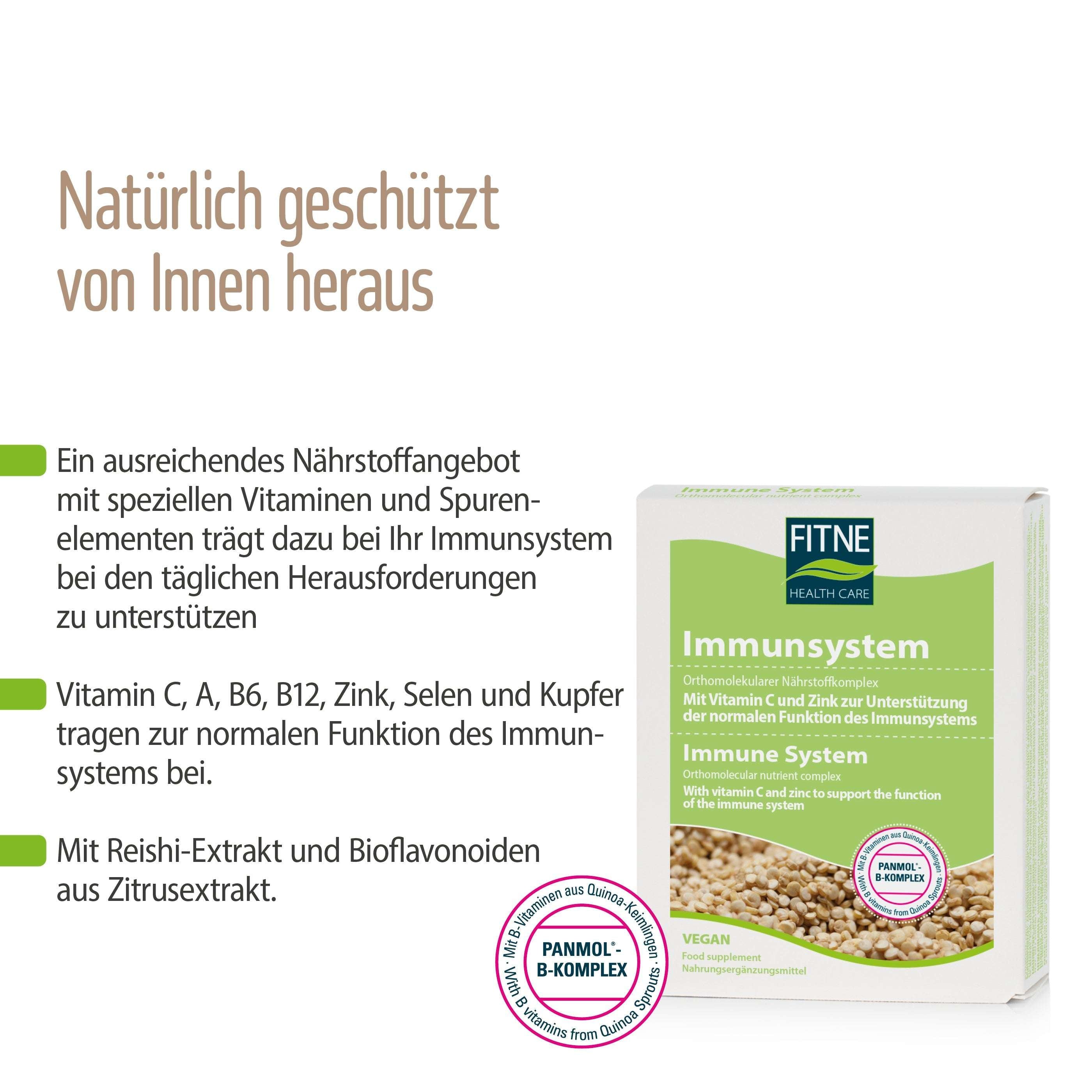 Die Verpackung des Nahrungsergänzungsmittels Fitne Nährstoffkomplex Immunsystem wird neben deutschem Text gezeigt, der Vitamine, Mineralien, Reishi-Extrakt und Zitrus-Bioflavonoide auf hellem Hintergrund hervorhebt.