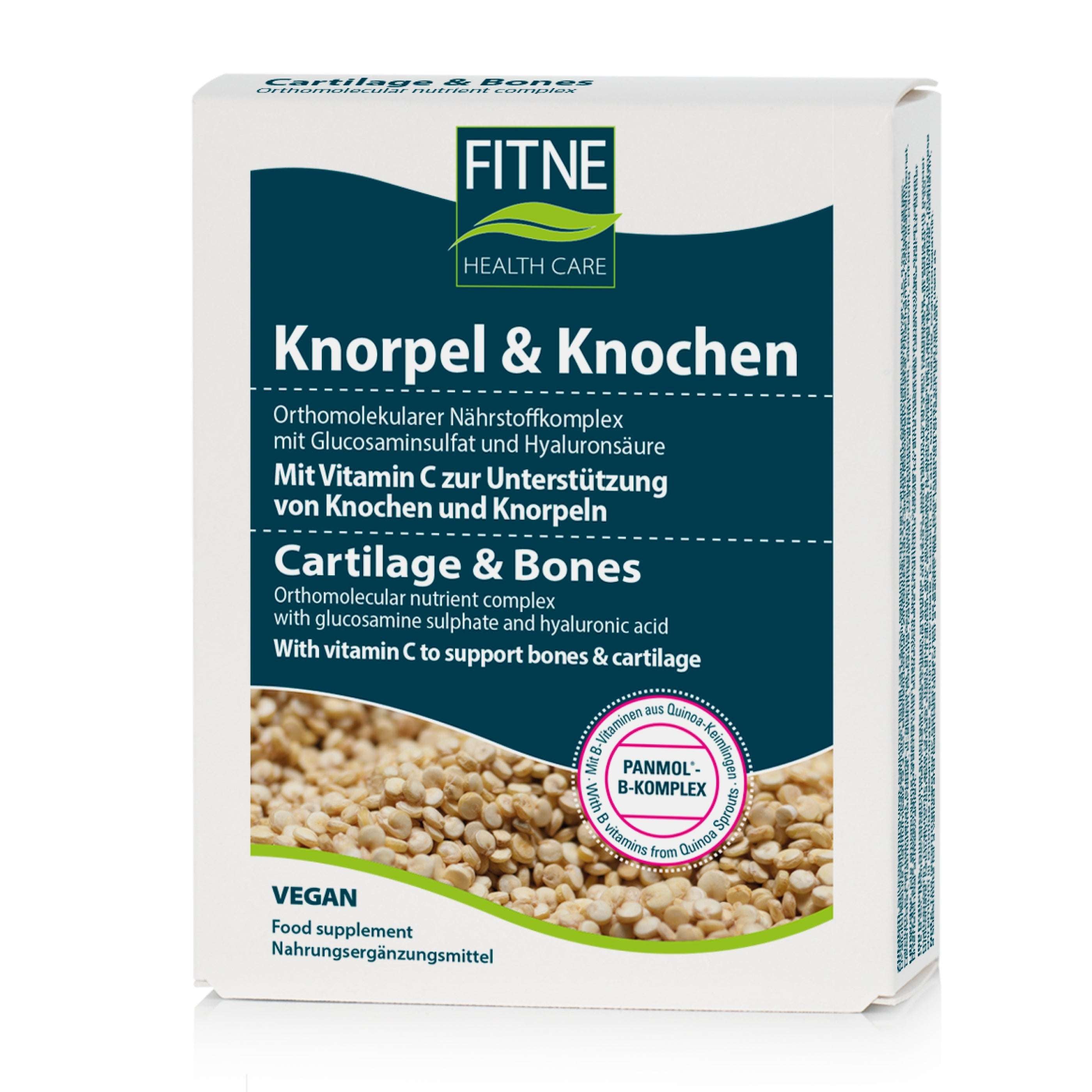 Eine Schachtel des Nahrungsergänzungsmittels „Fitne Nährstoffkomplex Knorpel & Knochen“ mit deutschem und englischem Text und einem Bild von beigem Granulat, das eine vegane Formel mit Vitamin C zur Unterstützung der Knorpel- und Knochengesundheit hervorhebt.