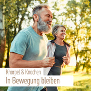 Ein glückliches älteres Paar joggt draußen und sieht energiegeladen aus. Der deutsche Text lautet: fitne Nährstoffkomplex Knorpel & Knochen – für Beweglichkeit dank gezielter Nährstoffe.