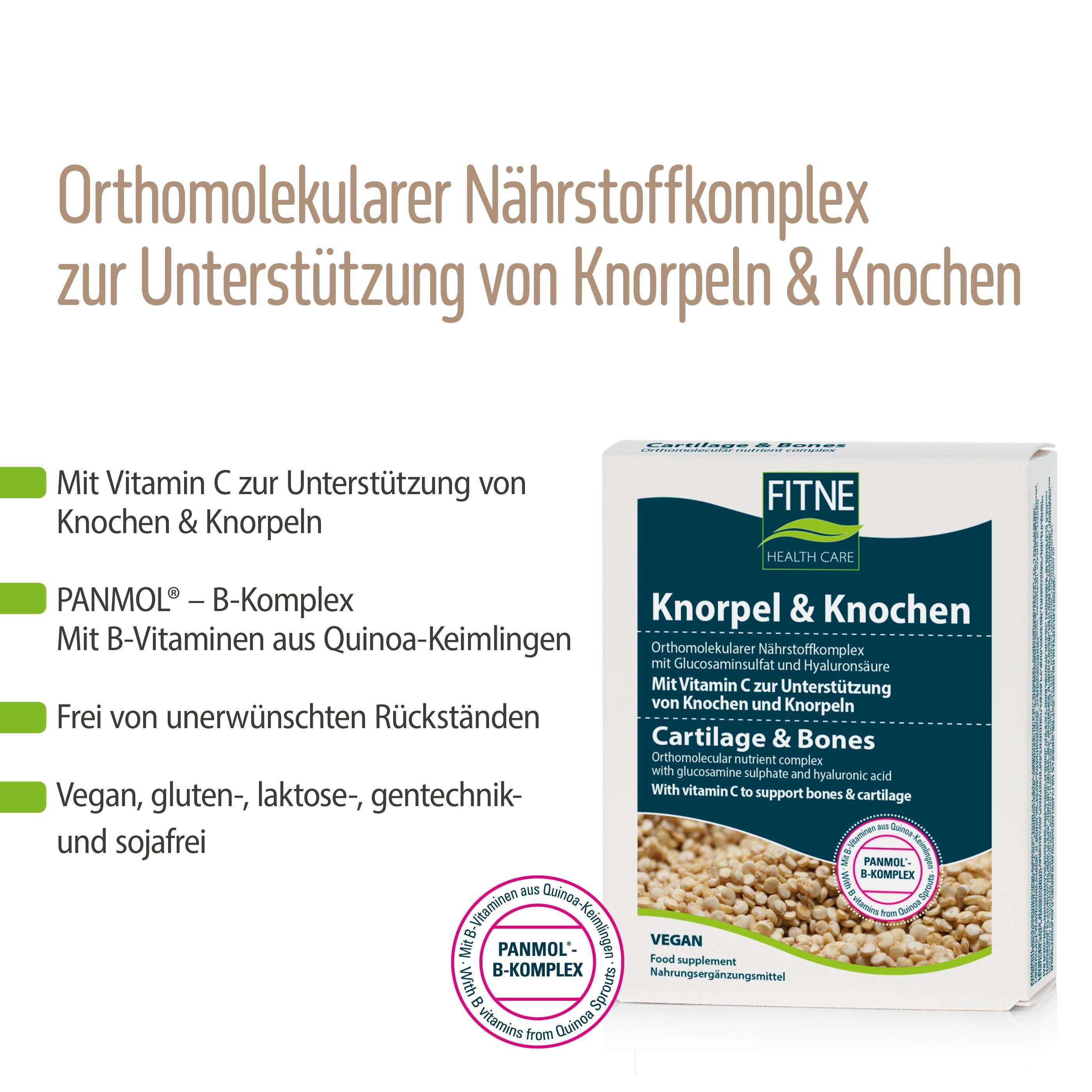 Die Verpackung von fitne Nährstoffkomplex Knorpel & Knochen zeigt deutsche Beschriftung auf weißem Grund mit beigen Akzenten. Vegan, ohne Zusatzstoffe und mit Vitaminen zur Unterstützung von Knorpel und Knochen.