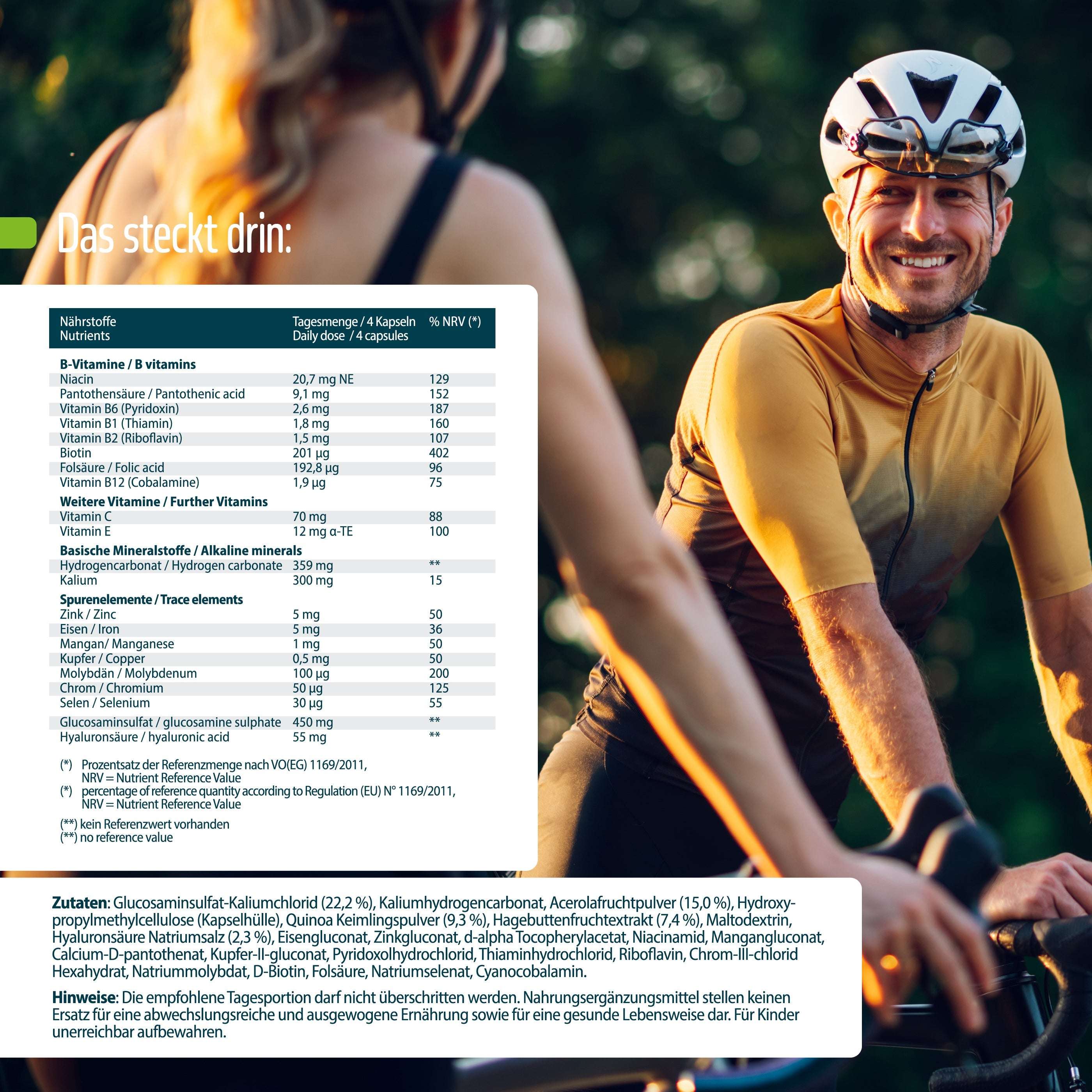 Ein Mann in Radfahrerkleidung lächelt eine Frau im Freien unter sonnenbeschienenen Bäumen an. Auf der linken Seite weist ein Ernährungstisch von FITNE Health Care Nährstoffkomplex Knorpel & Knochen auf die Unterstützung gesunder Gelenke hin.