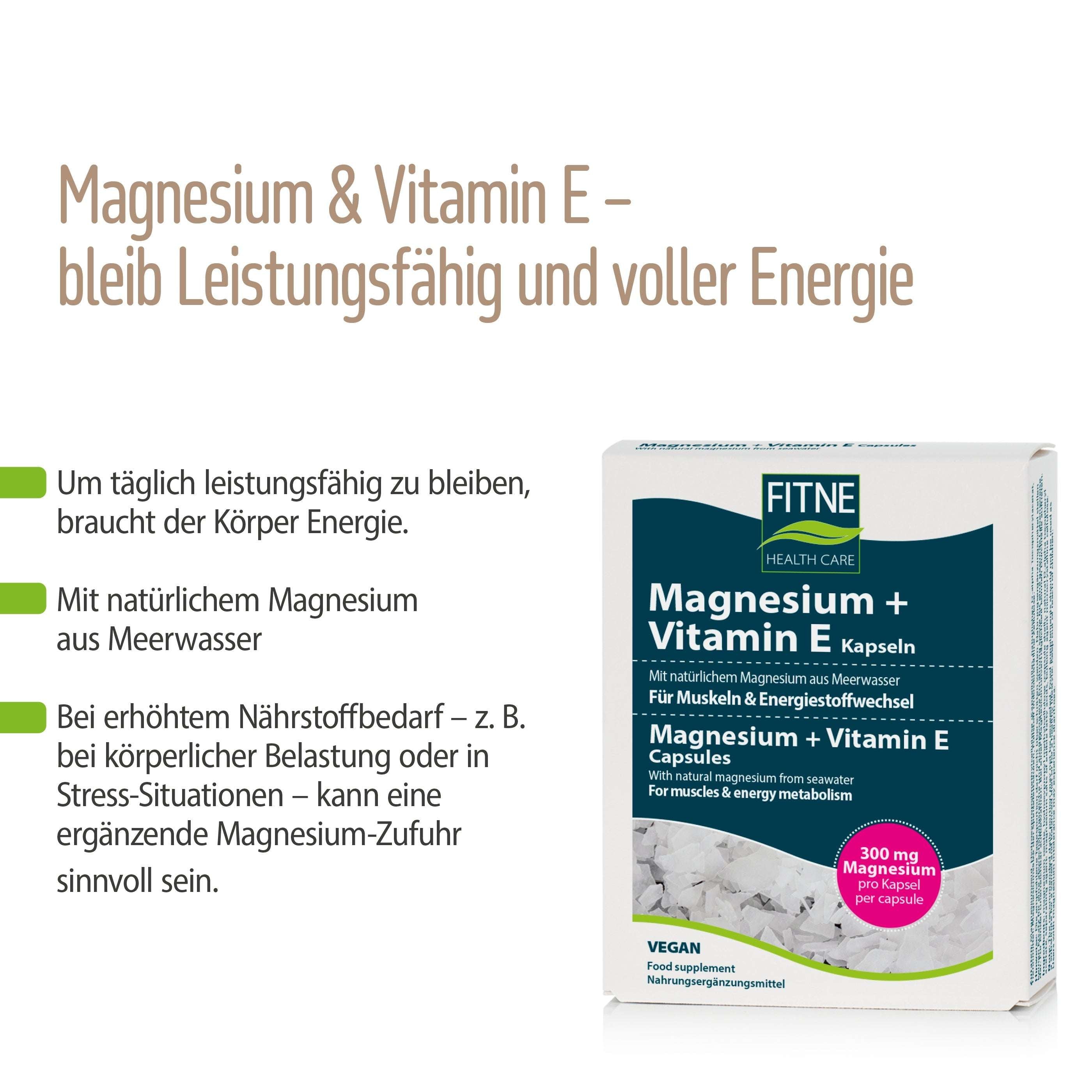 Die fitne Magnesium + Vitamin E Kapseln mit Magnesium aus Meerwasser unterstützen Energie, Leistungsfähigkeit und Stressabbau. Vegan – für Ihre tägliche Portion Magnesium und Vitamin E!.