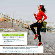 Eine Frau in roter Sportkleidung und mit Kopfhörern trainiert auf einem Holzdeck. Nährwertangaben für fitne Magnesium + Vitamin E Kapseln mit dem Hinweis „Energiefluss“ sind auf Deutsch eingeblendet.