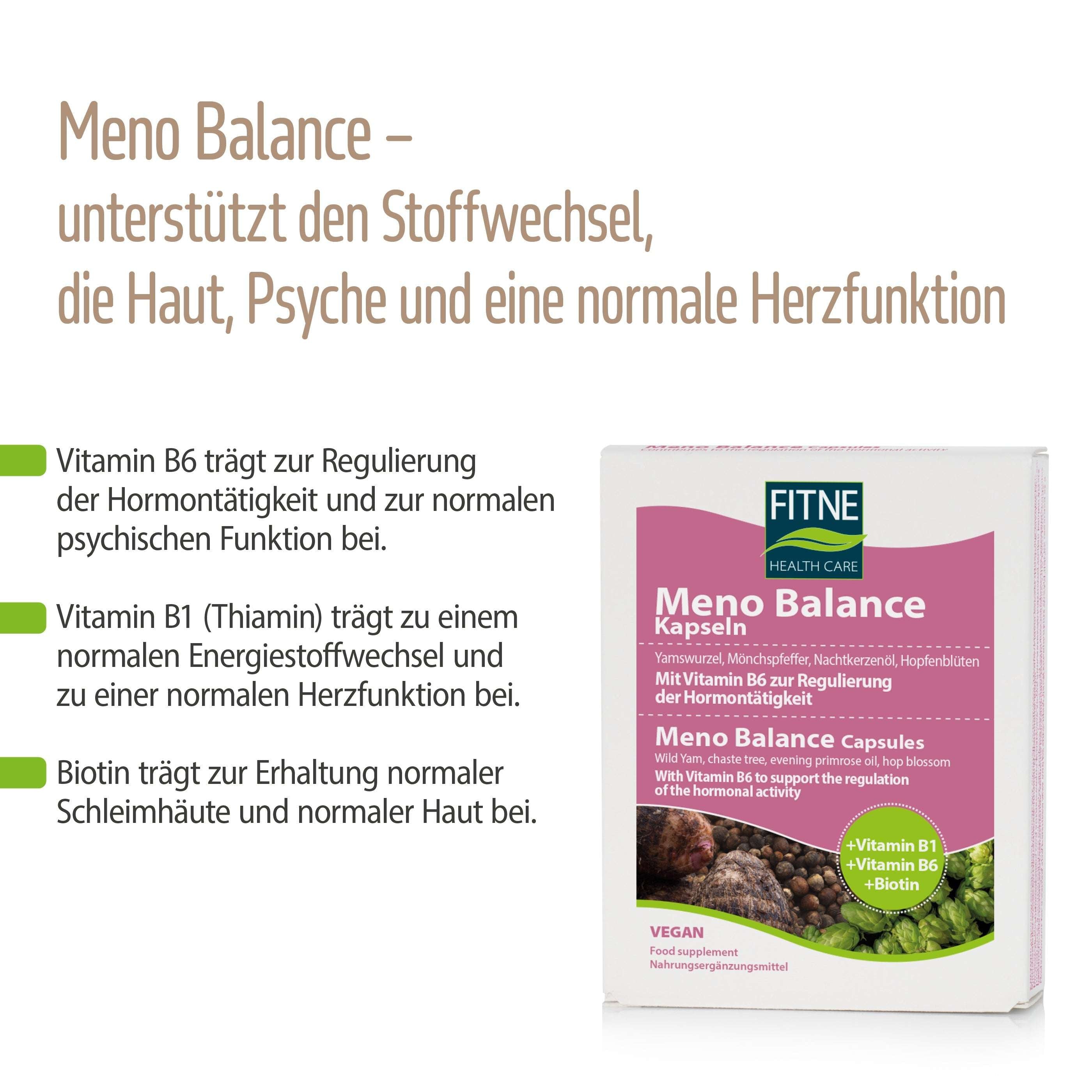 Abbildung einer Fitne Meno Balance Kapseln-Packung mit deutschem Text zu den Vorteilen für Stoffwechsel, Haut, Stimmung und Herz. Hervorgehoben werden Vitamin B6, B1 und Biotin – pflanzliches Nahrungsergänzungsmittel mit Vitaminen für Frauen in den Wechseljahren.