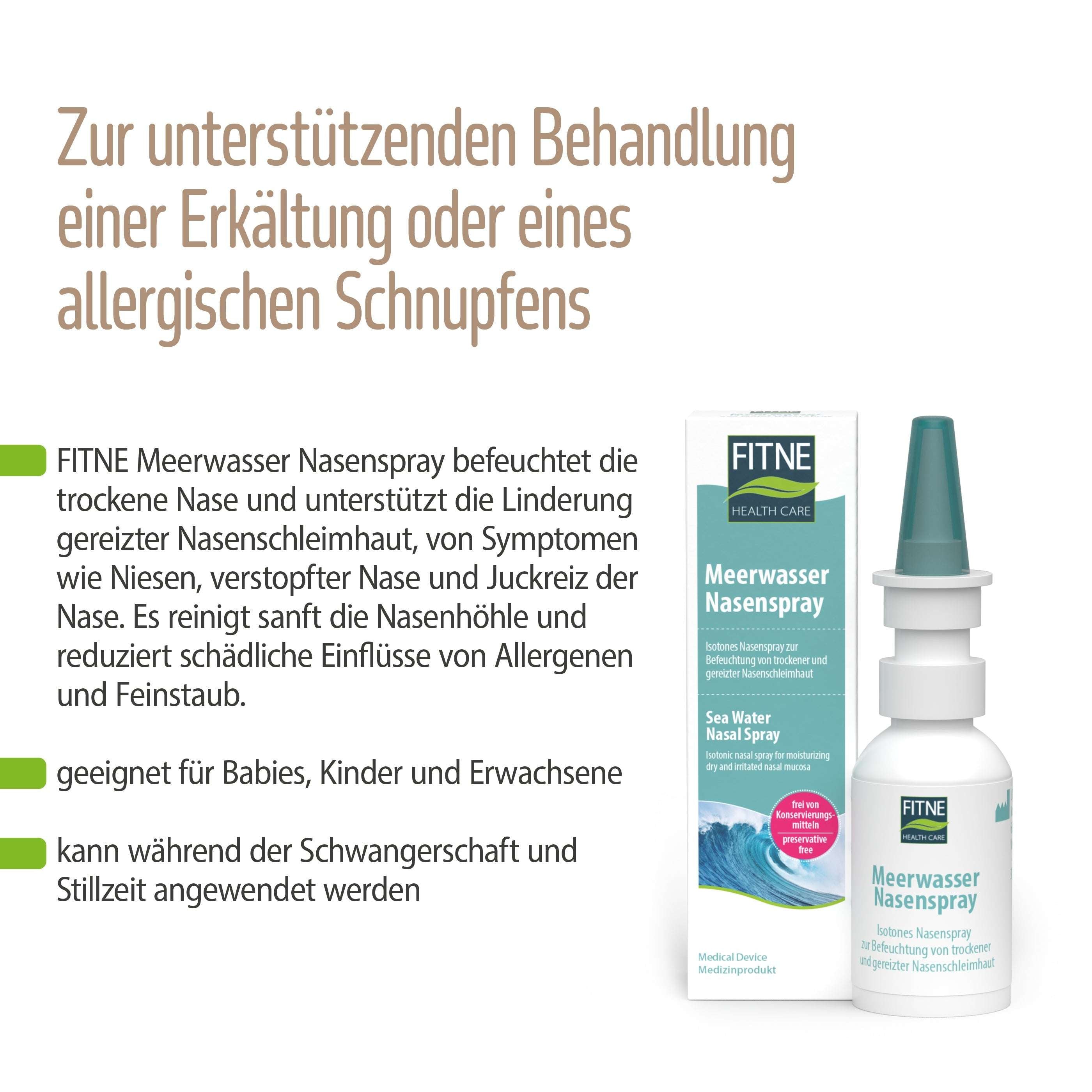Abgebildet sind eine Packung und eine Flasche fitne Meerwasser Nasenspray. Der deutsche Text besagt, dass es die Nasenschleimhaut befeuchtet und Erkältungs- oder Allergiesymptome lindert. Geeignet für Babys, Kinder, Erwachsene sowie während der Schwangerschaft und Stillzeit.