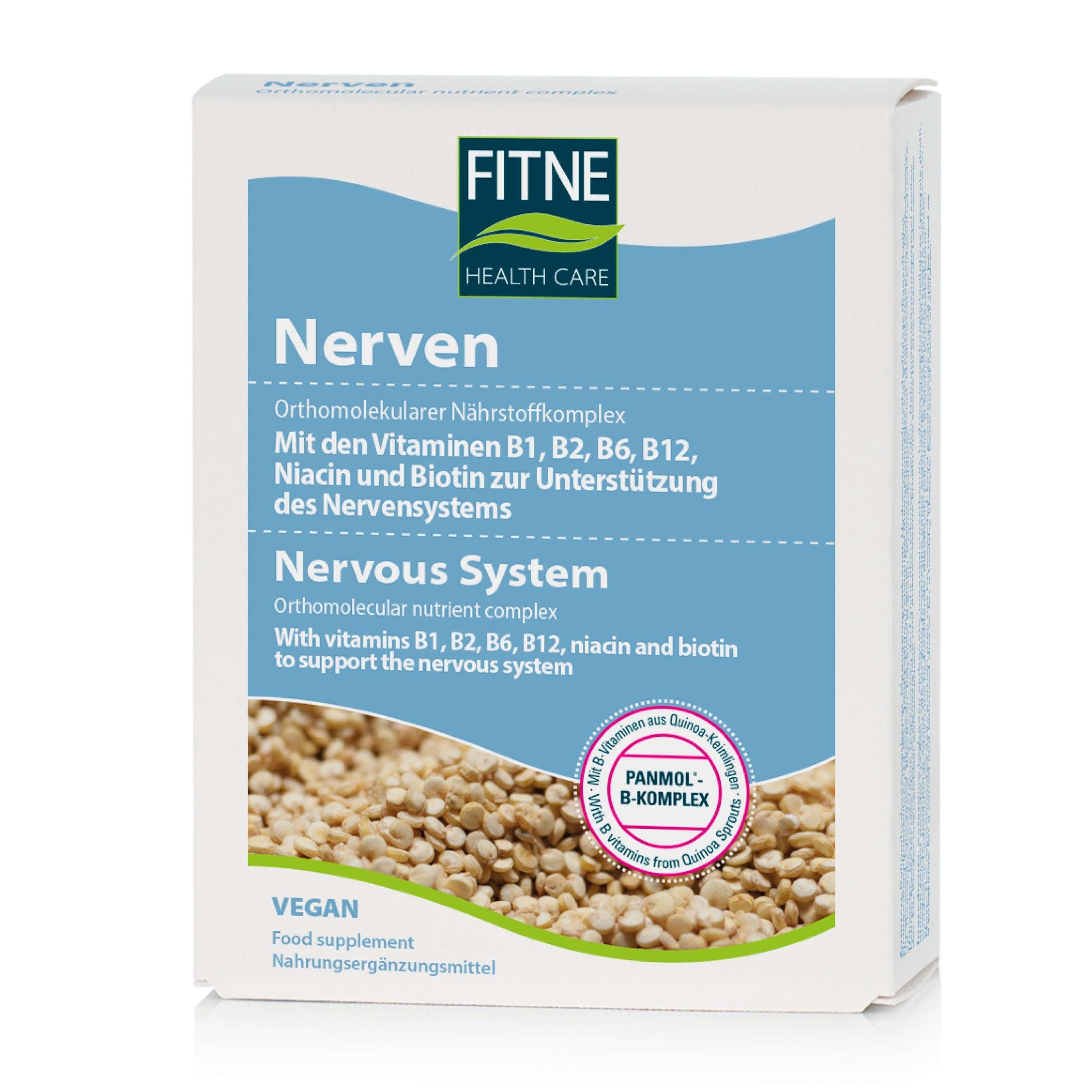 Eine Packung fitne Nährstoffkomplex Nerven zur Unterstützung des Nervensystems, mit den Vitaminen B1, B2, B6, B12, Niacin und Biotin. Auf der Vorderseite sind Getreide und Produktinformationen in Deutsch und Englisch abgebildet.