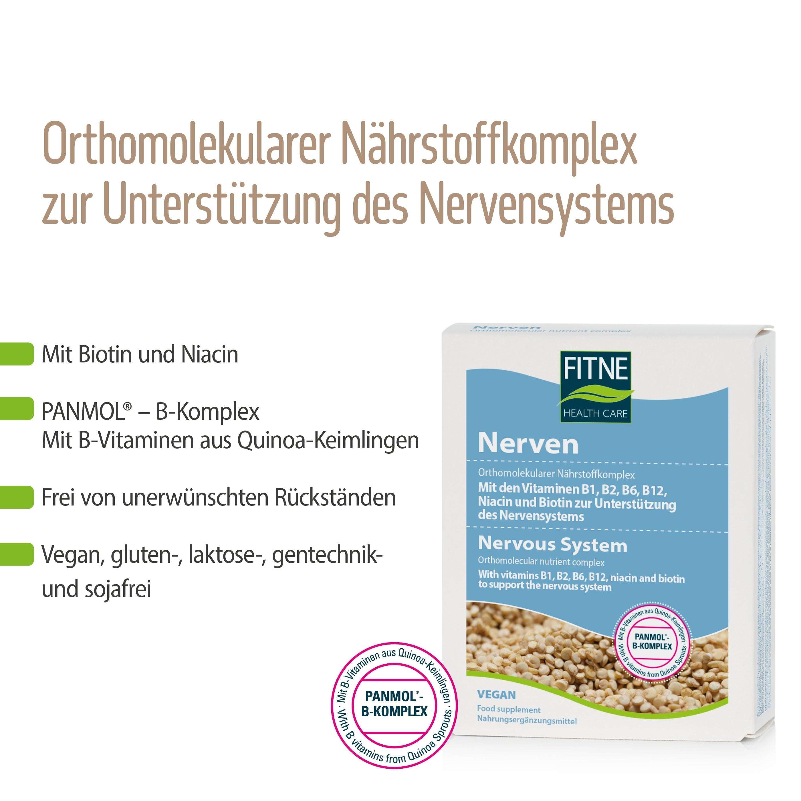 Bild einer Fitne-Nährstoffkomplex-Nerven-Box mit der Aufschrift Nahrungsergänzungsmittel mit Vitamin-B-Komplex zur Unterstützung des Nervensystems. Symbole zeigen, dass es vegan, gluten-, laktose-, gentechnik- und sojafrei ist und wichtige Produktvorteile bietet.