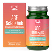 Eine Flasche und eine Schachtel FITNE Health Care ACE + Selen + Zink Schwarzkümmelöl Kapseln (Relaunch) mit rosa und orangen Etiketten. Nahrungsergänzungsmittel zur Unterstützung des Immunsystems. Enthält 60 Kapseln für einen 60-Tage-Vorrat.