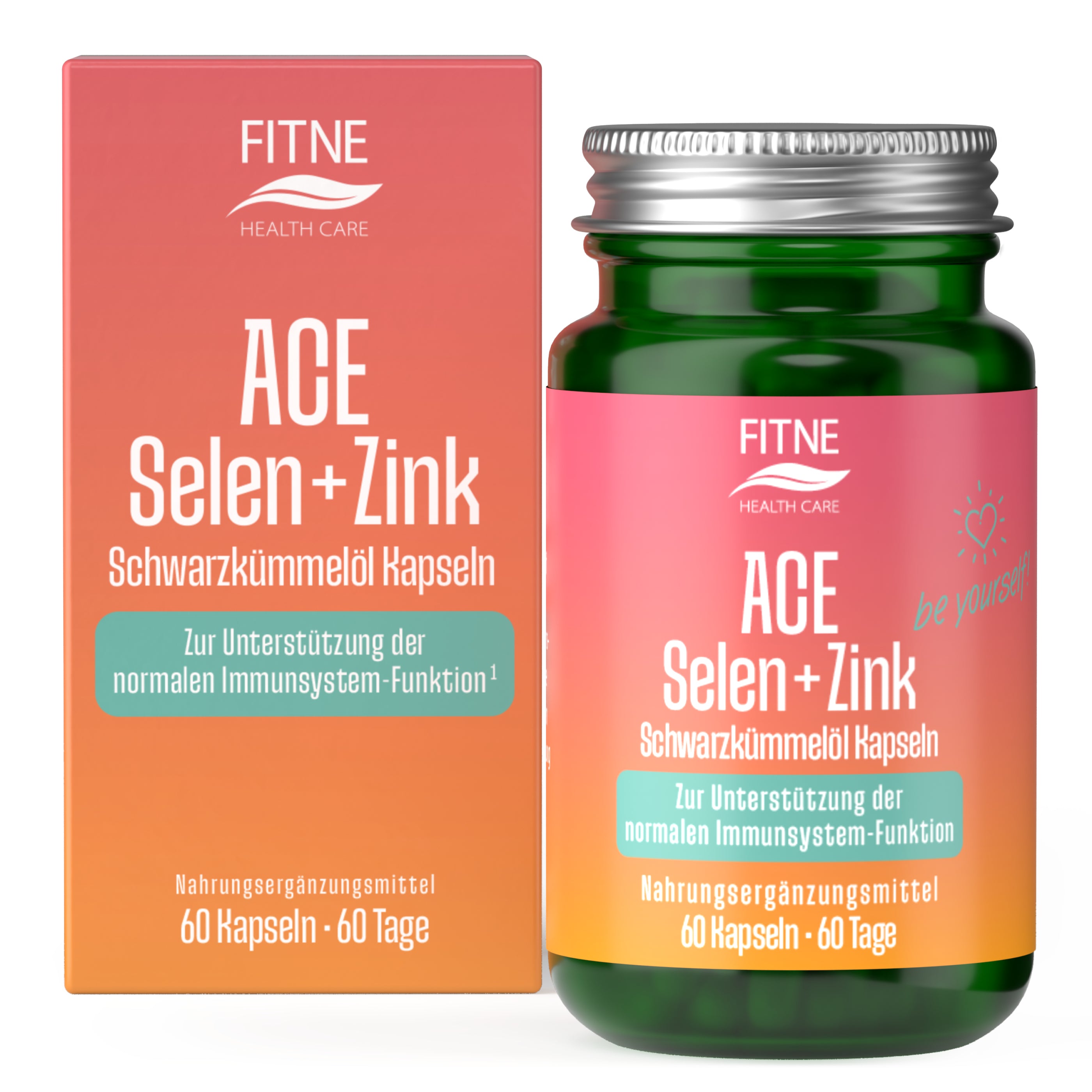 Eine Flasche und eine Schachtel FITNE Health Care ACE + Selen + Zink Schwarzkümmelöl Kapseln (Relaunch) mit rosa und orangen Etiketten. Nahrungsergänzungsmittel zur Unterstützung des Immunsystems. Enthält 60 Kapseln für einen 60-Tage-Vorrat.