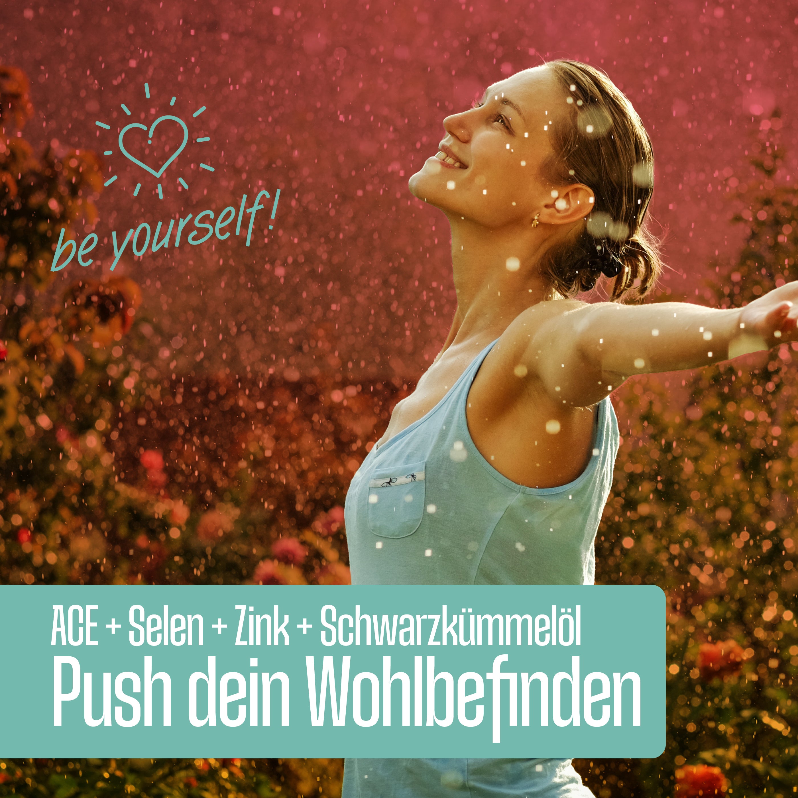 Eine Frau lächelt im Freien mit ausgestreckten Armen. Der Text lautet: Sei du selbst! FITNE Health Care ACE + Selen + Zink Schwarzkümmelöl Kapseln (Relaunch). Immunsystem stärken - push dein Wohlbefinden.