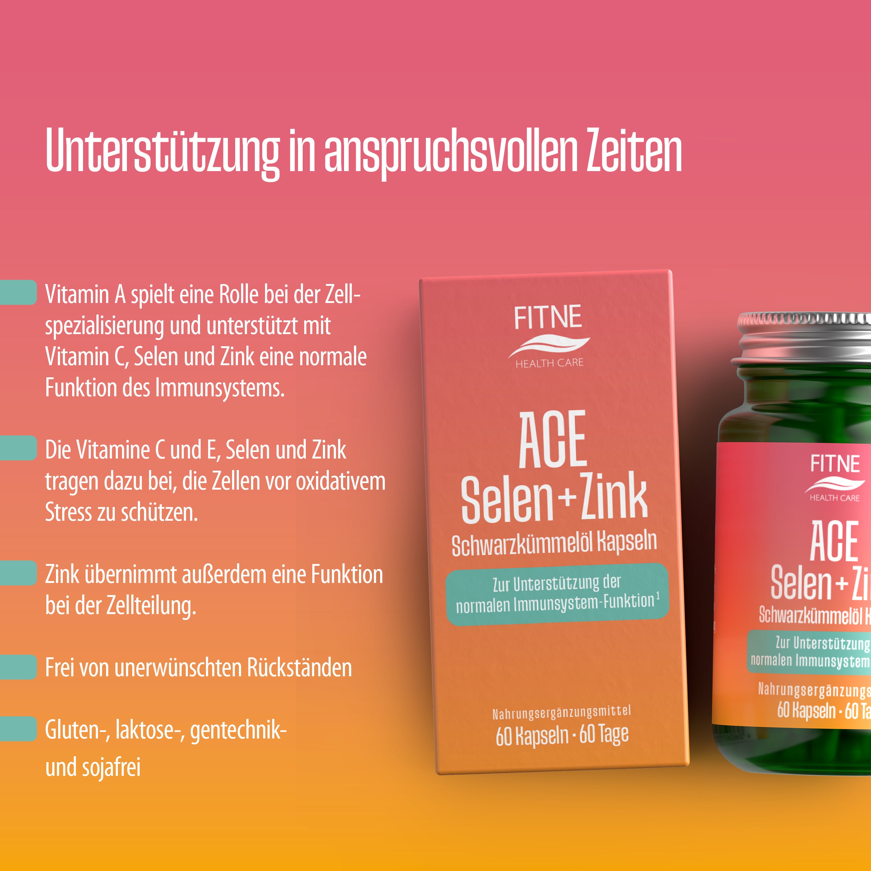 Das Bild zeigt die ACE + Selen + Zink Schwarzkümmelöl Kapseln (Relaunch) von FITNE Health Care auf einem rosa-orangen Farbverlauf, mit dem deutschen Text Immunsystem stärken" und den Produktangaben.