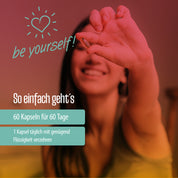 Eine lächelnde Person hält ACE + Selen + Zink Schwarzkümmelöl Kapseln (Relaunch) von FITNE Health Care. Text: Sei du selbst! 60 Kapseln für 60 Tage - ideal zur Immunstärkung. Täglich 1 Kapsel mit ausreichend Flüssigkeit einnehmen.