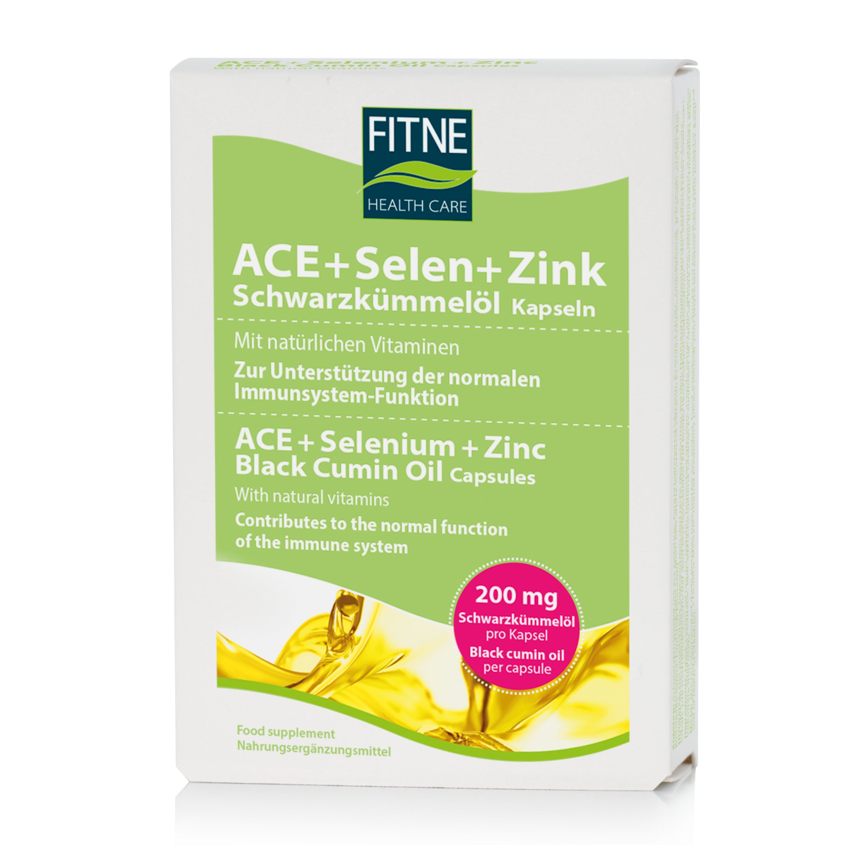 Eine Schachtel fitne ACE + Selen + Zink Schwarzkümmelöl Kapseln verfügt über deutsche und englische Produktinformationen, ein gelbes Kapselbild und eine weiß-grüne Verpackung zur Unterstützung des Immunsystems.
