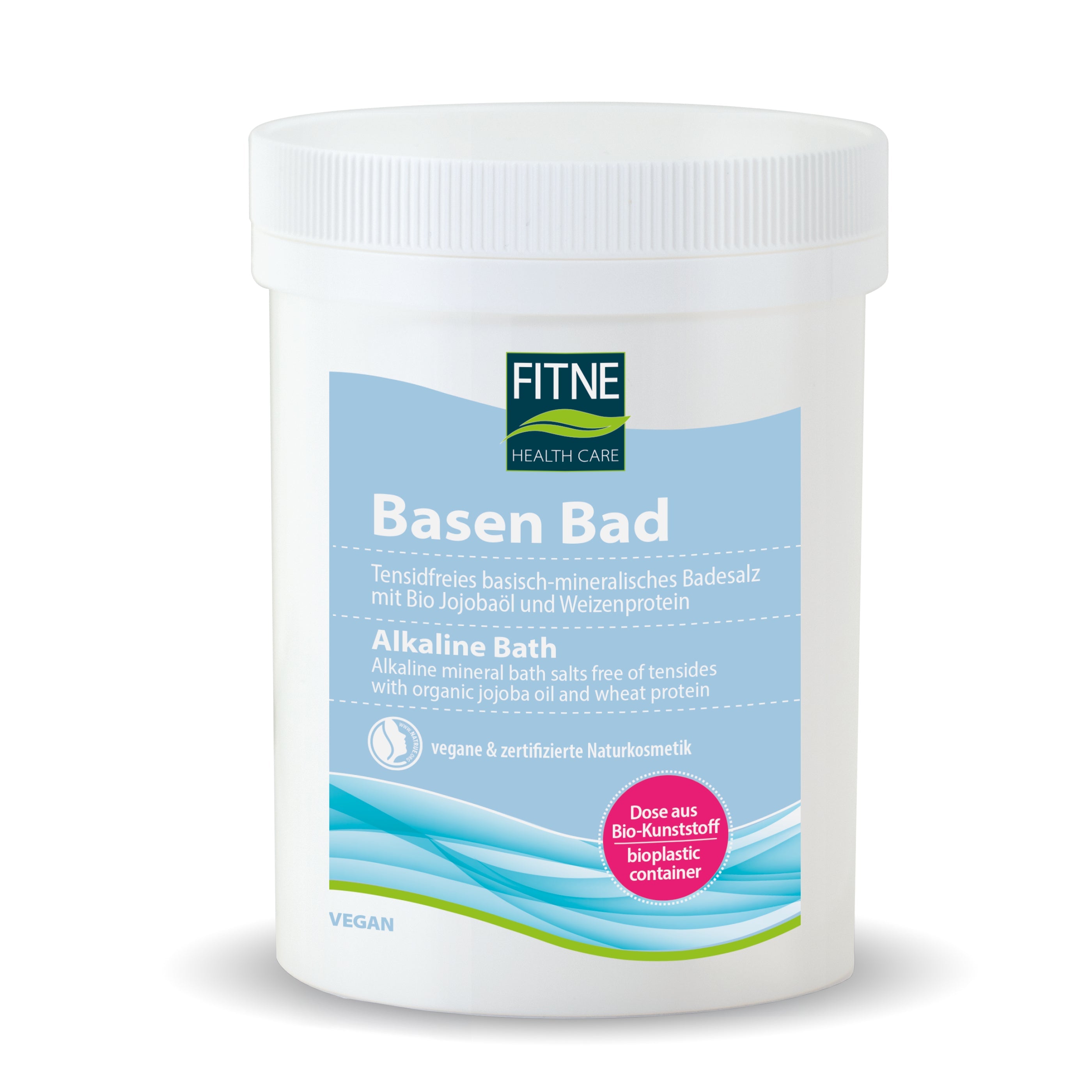 Ein weißer fitne Basen-Bad-Behälter mit blau-weißem deutsch-englischem Etikett und rosa Aufkleber als Biokunststoff. Das vegane, zertifizierte Naturbadesalz unterstützt den Säure-Basen-Haushalt.