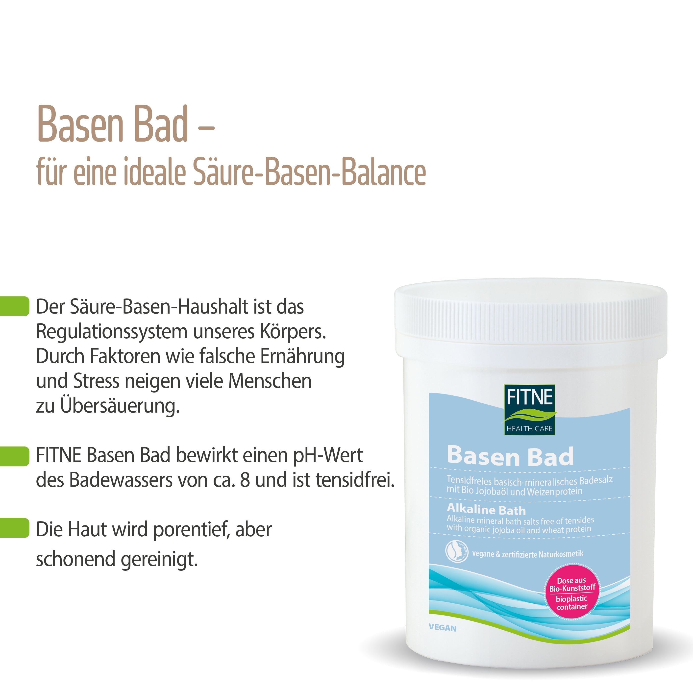 Rechts ist eine Dose fitne Basen-Bad abgebildet. Links wird auf Deutsch die positive Wirkung auf den Säure-Basen-Haushalt, den pH-Wert und die Hautregeneration hervorgehoben.