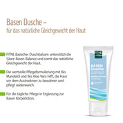 Auf dem Bild ist eine Tube fitne Basischer Duschbalsam abgebildet, neben dem deutschen Text, der die hautausgleichende, feuchtigkeitsspendende und für die tägliche Körperpflege geeignete Wirkung hervorhebt.