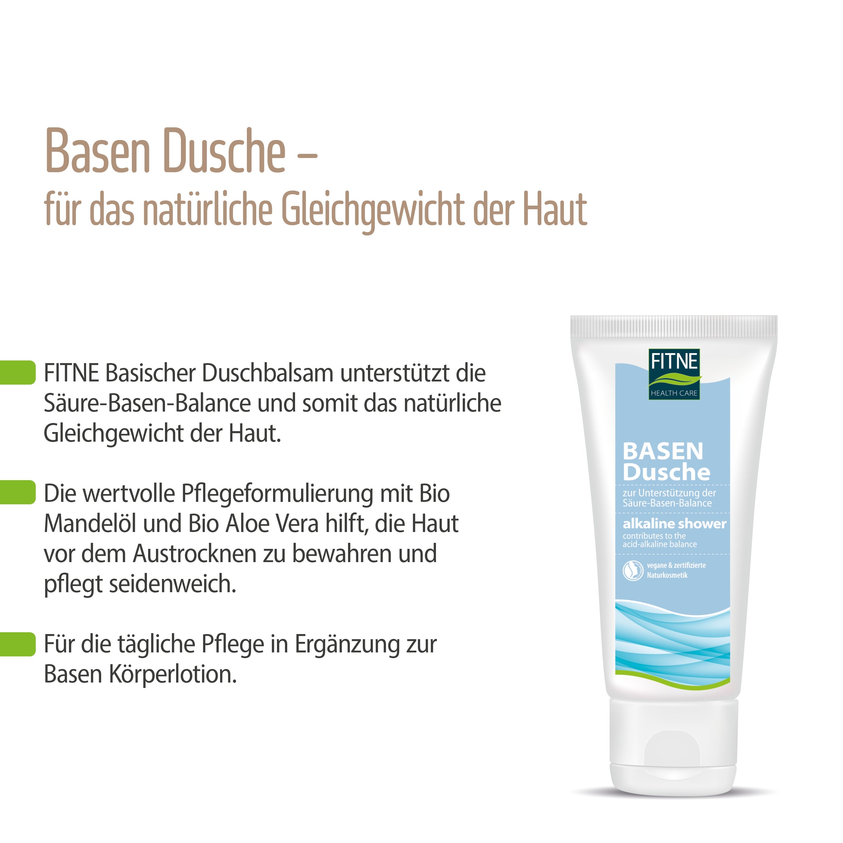 Auf dem Bild ist eine Tube fitne Basischer Duschbalsam abgebildet, neben dem deutschen Text, der die hautausgleichende, feuchtigkeitsspendende und für die tägliche Körperpflege geeignete Wirkung hervorhebt.