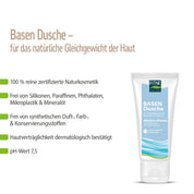 Abgebildet ist eine Tube fitne Basischer Duschbalsam mit natĂĽrlichen, zertifizierten Inhaltsstoffen wie Bio-Aloe Vera, einem pH-Wert von 7,5 und frei von Silikonen, Paraffinen, Phthalaten, Mikroplastik und synthetischen Zusatzstoffen.