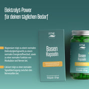 Abgebildet sind eine tealfarbene Schachtel und eine Dose FITNE Health Care Basen Kapseln (Relaunch). Der Text hebt die Mineralien, die Vorteile der Elektrolyte, die tägliche Einnahme für Energie und Nerven, mit 90 Kapseln für 30 Tage zur Unterstützung des Säure-Basen-Haushalts hervor.