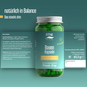 Eine grüne Flasche von FITNE Health Care Basen Kapseln (Relaunch) steht auf einem blaugrünen Hintergrund. Das Design zeigt ein Blatt, und der Text hebt Säure-Basen-Balance, Stoffwechselunterstützung, Inhaltsstoffe, Mineralstoffgehalt, Dosierung und Nährwertangaben hervor.