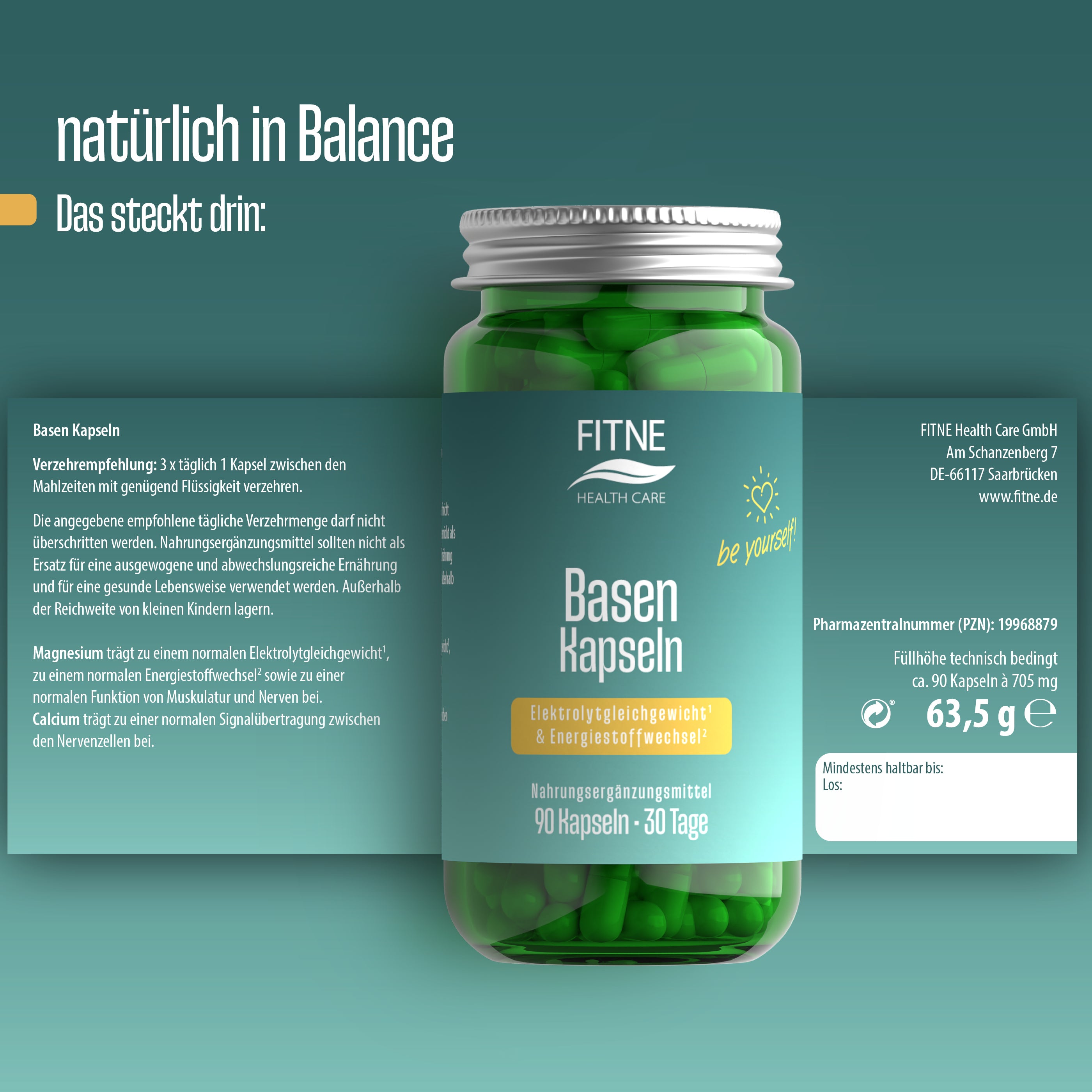 Eine grüne Flasche von FITNE Health Care Basen Kapseln (Relaunch) steht auf einem blaugrünen Hintergrund. Das Design zeigt ein Blatt, und der Text hebt Säure-Basen-Balance, Stoffwechselunterstützung, Inhaltsstoffe, Mineralstoffgehalt, Dosierung und Nährwertangaben hervor.