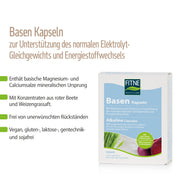 Das Foto zeigt die Fitne Basen Kapseln-Box für den Elektrolythaushalt. Neben der Box sind Vorteile und Inhaltsstoffe wie basische Mineralstoffe aus Calcium-Magnesiumcarbonat und Dolomitpulver abgebildet. Der Produkttext erscheint in deutscher Sprache.