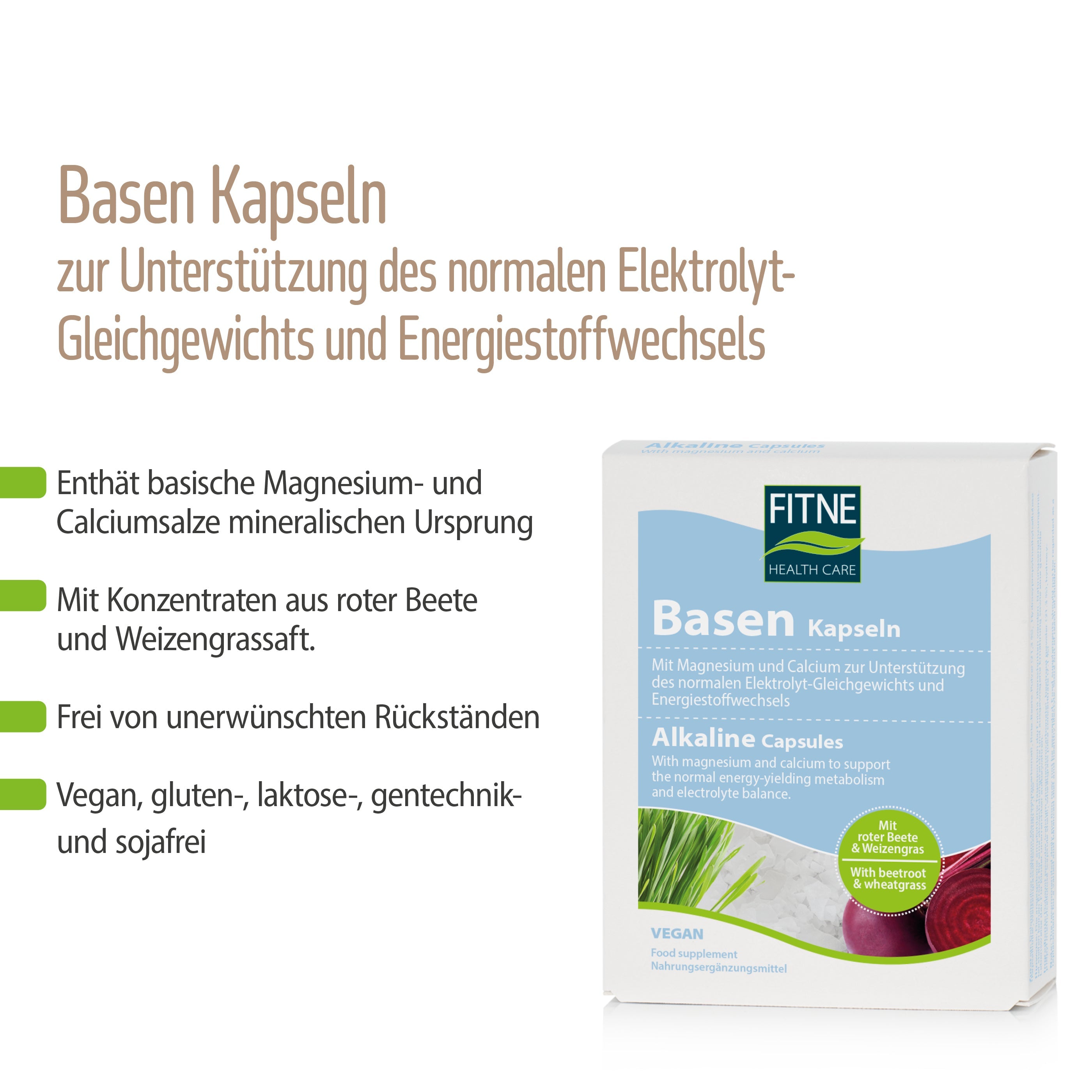 Das Foto zeigt die Fitne Basen Kapseln-Box für den Elektrolythaushalt. Neben der Box sind Vorteile und Inhaltsstoffe wie basische Mineralstoffe aus Calcium-Magnesiumcarbonat und Dolomitpulver abgebildet. Der Produkttext erscheint in deutscher Sprache.