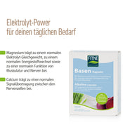 Eine deutsche Anzeige für fitne Basen Kapseln zeigt die Verpackung, hebt die gesundheitlichen Vorteile von Magnesium und Calcium-Magnesiumcarbonat hervor und zeigt frisches Gemüse. Die Überschrift betont die tägliche Elektrolytversorgung.