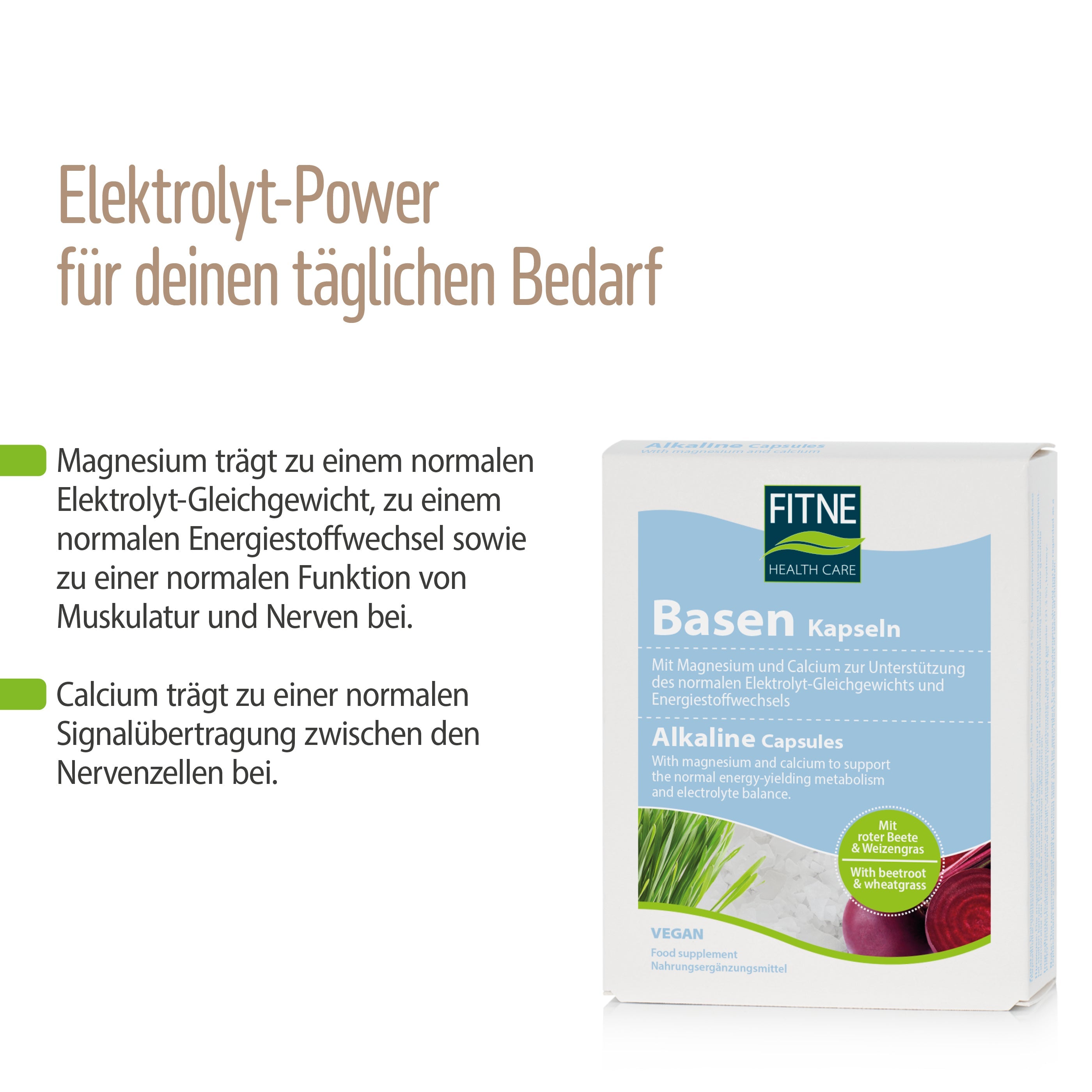 Eine deutsche Anzeige für fitne Basen Kapseln zeigt die Verpackung, hebt die gesundheitlichen Vorteile von Magnesium und Calcium-Magnesiumcarbonat hervor und zeigt frisches Gemüse. Die Überschrift betont die tägliche Elektrolytversorgung.
