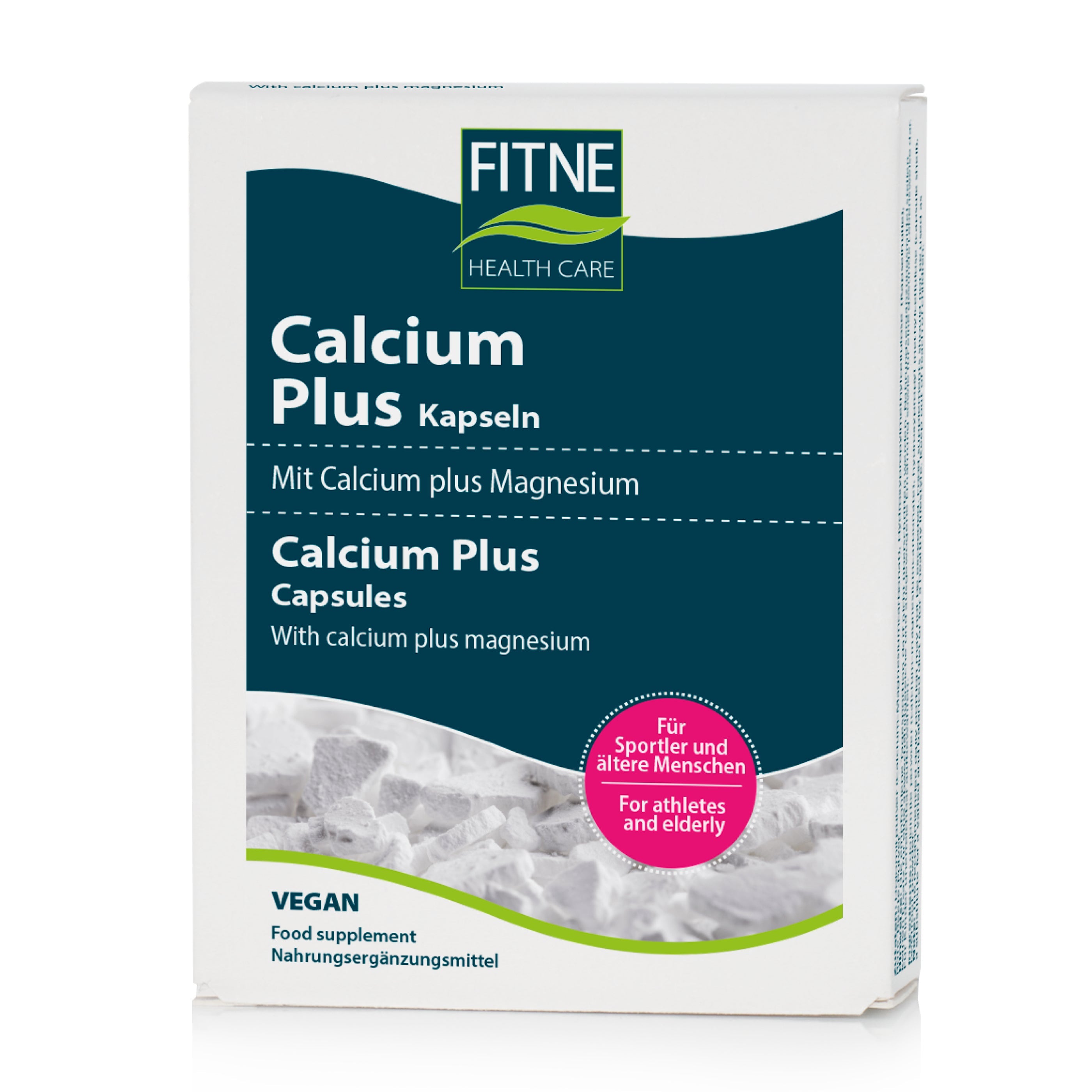 Eine Schachtel fitne Calcium Plus Kapseln mit Calcium, Magnesium und Dolomit für Sportler und Senioren; vegan, mit deutschem und englischem Text auf weiß-blauer Verpackung.