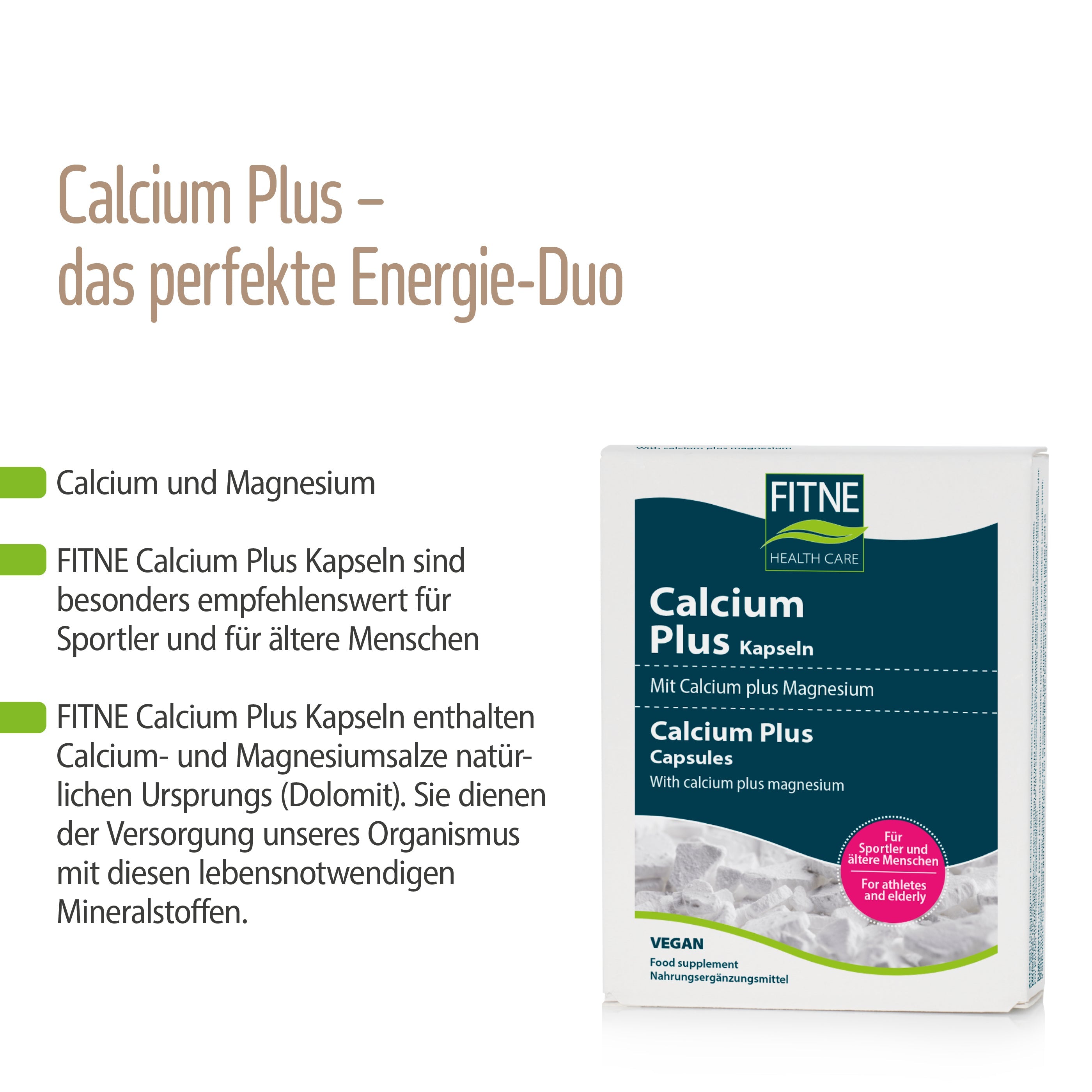 Eine Schachtel fitne Calcium Plus Kapseln ist neben einem deutschen Text abgebildet, der das aus Dolomit gewonnene Kalzium und Magnesium, die vegane Formel und die Eignung für Sportler hervorhebt.