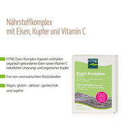Die Verpackung der fitne Eisen Komplex Kapseln hebt organisches Eisen und Vitamin C hervor. Diese vegane Formel ist frei von Gluten, Laktose, Soja, GVO und unerwünschten Rückständen für eine reine, wirksame Unterstützung.
