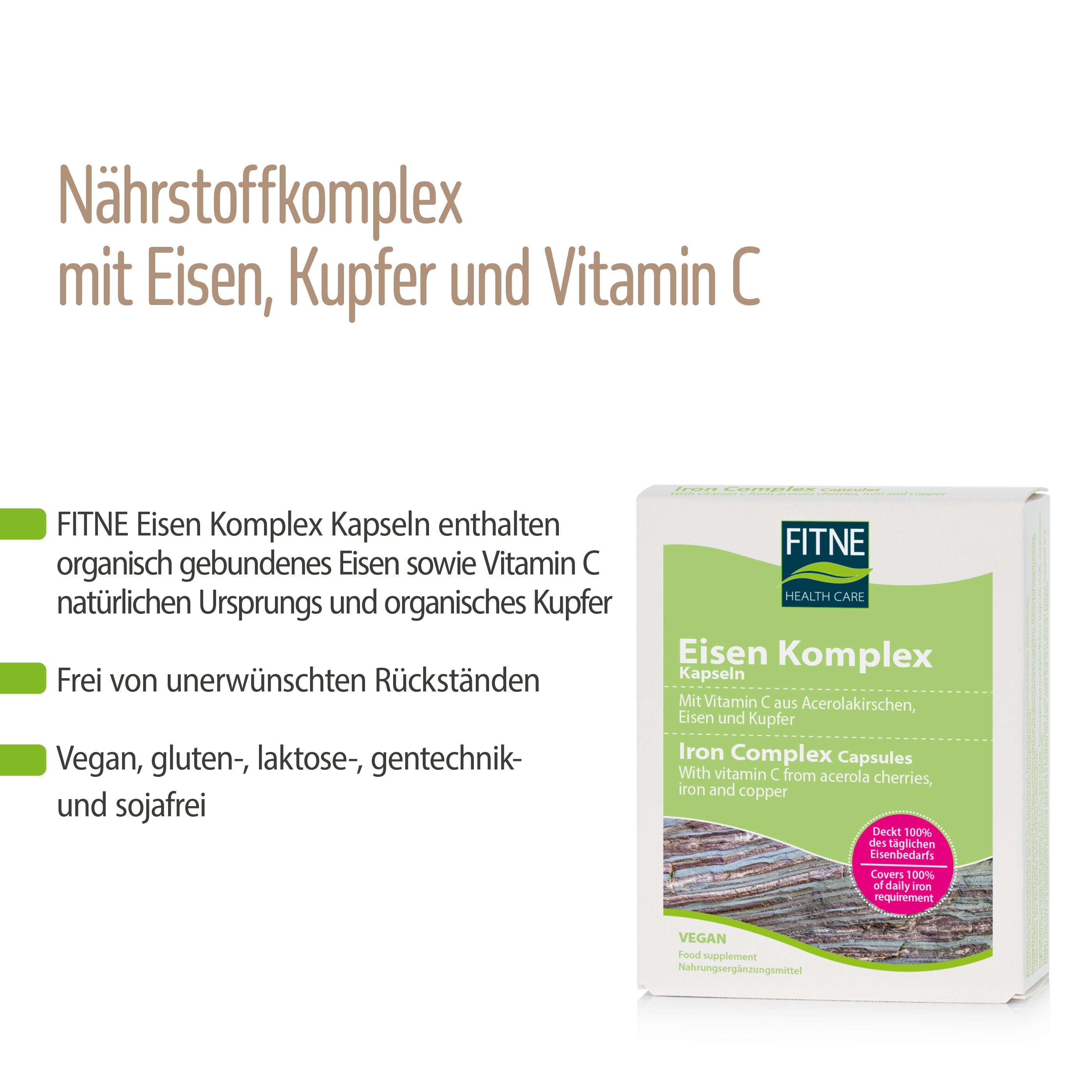 Die Verpackung der fitne Eisen Komplex Kapseln hebt organisches Eisen und Vitamin C hervor. Diese vegane Formel ist frei von Gluten, Laktose, Soja, GVO und unerwünschten Rückständen für eine reine, wirksame Unterstützung.